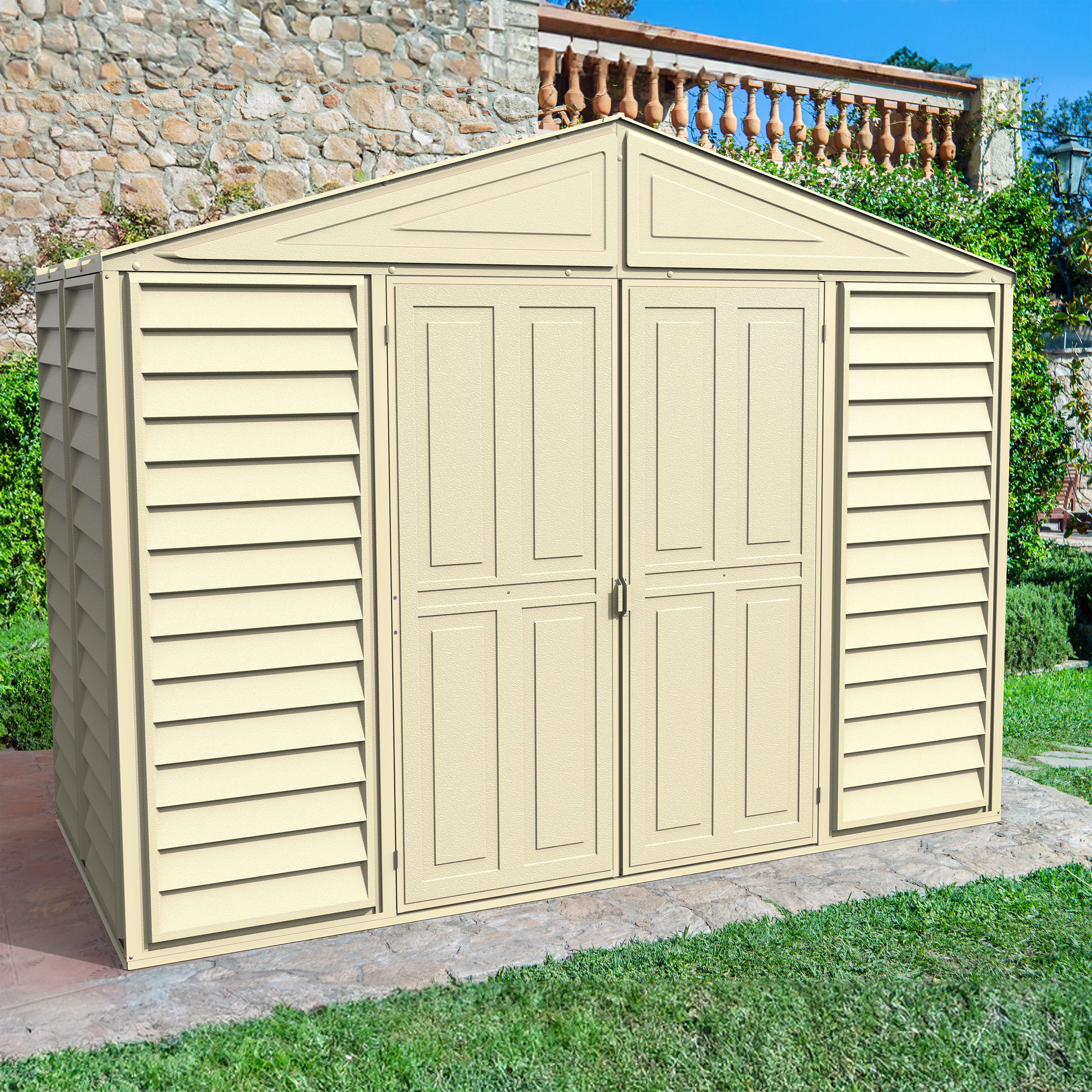 DuraMax 10.5ft x 5ft Woodbridge Vinyl Shed with Foundation Kit - Backyard Livings