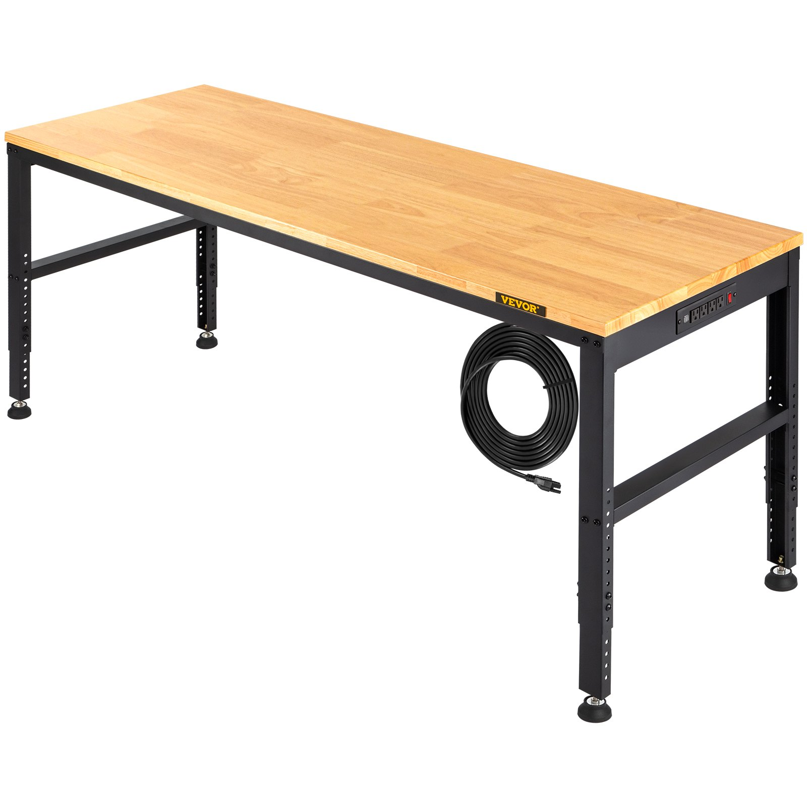 Workbench Adjustable Height, 61" x 20" Garage Table w/ 27.1" - 36" Heights & 2000 LBS Load Capacity, with Power Outlets & Hardwood Top & Metal Frame & Foot Pads, for Workshop Office Home - Backyard Livings