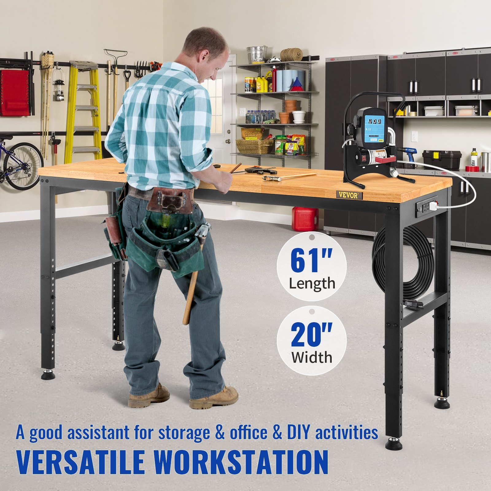 Workbench Adjustable Height, 61" x 20" Garage Table w/ 27.1" - 36" Heights & 2000 LBS Load Capacity, with Power Outlets & Hardwood Top & Metal Frame & Foot Pads, for Workshop Office Home - Backyard Livings
