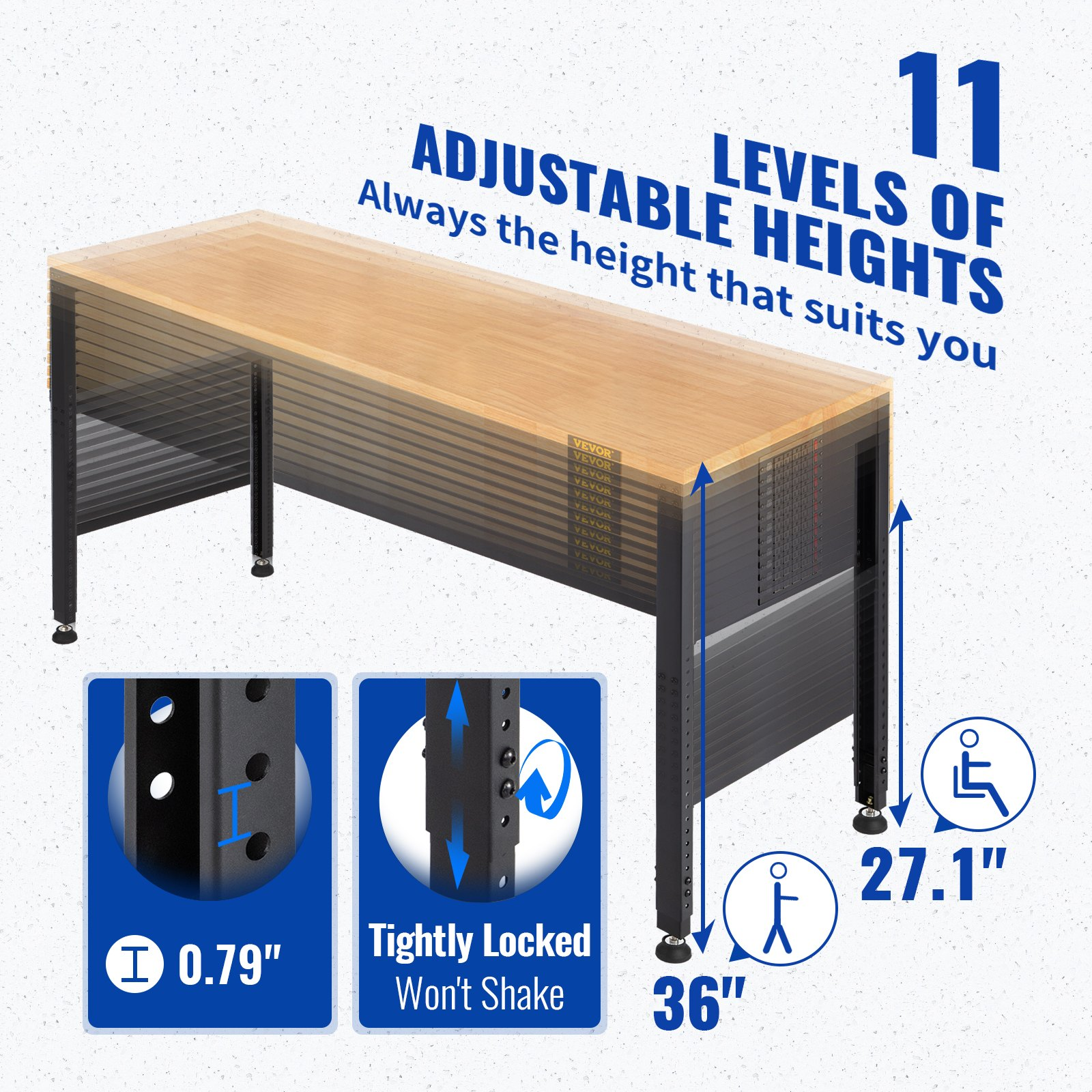 Workbench Adjustable Height, 61" x 20" Garage Table w/ 27.1" - 36" Heights & 2000 LBS Load Capacity, with Power Outlets & Hardwood Top & Metal Frame & Foot Pads, for Workshop Office Home - Backyard Livings