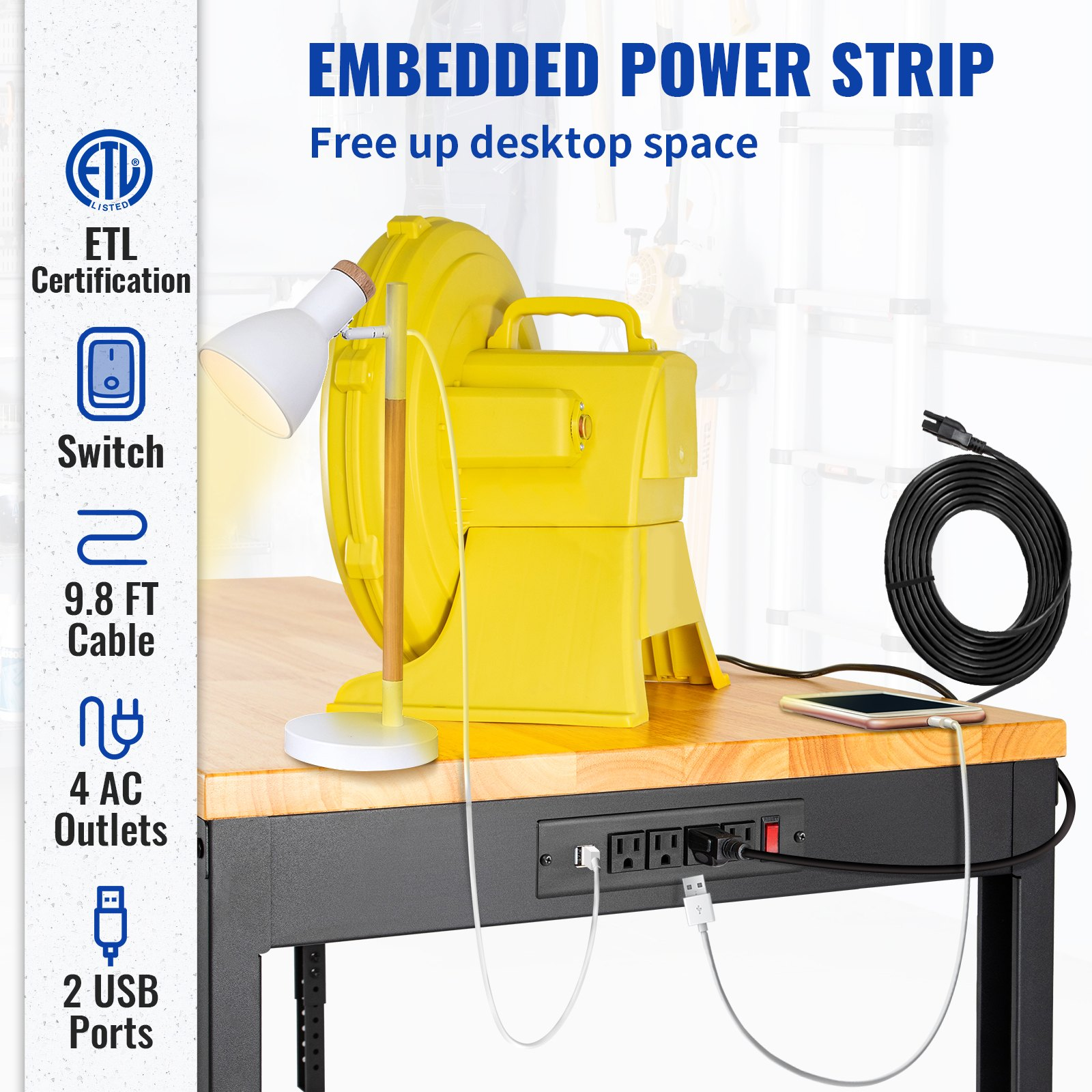 Workbench Adjustable Height, 61" x 20" Garage Table w/ 27.1" - 36" Heights & 2000 LBS Load Capacity, with Power Outlets & Hardwood Top & Metal Frame & Foot Pads, for Workshop Office Home - Backyard Livings