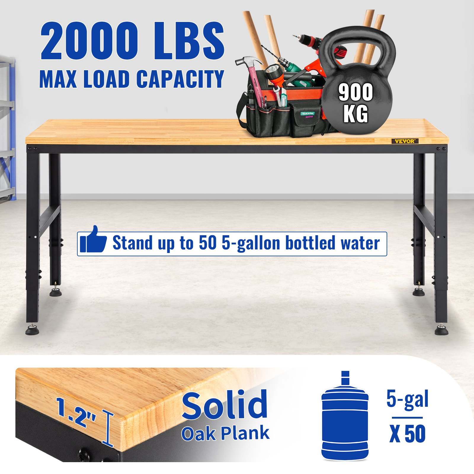 Workbench Adjustable Height, 61" x 20" Garage Table w/ 27.1" - 36" Heights & 2000 LBS Load Capacity, with Power Outlets & Hardwood Top & Metal Frame & Foot Pads, for Workshop Office Home - Backyard Livings