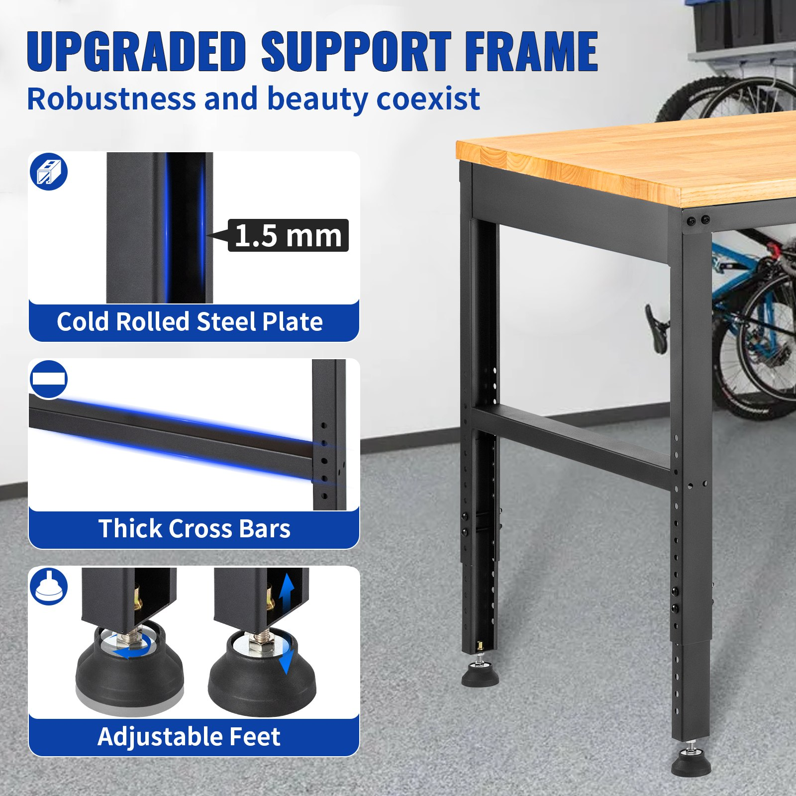 Workbench Adjustable Height, 61" x 20" Garage Table w/ 27.1" - 36" Heights & 2000 LBS Load Capacity, with Power Outlets & Hardwood Top & Metal Frame & Foot Pads, for Workshop Office Home - Backyard Livings