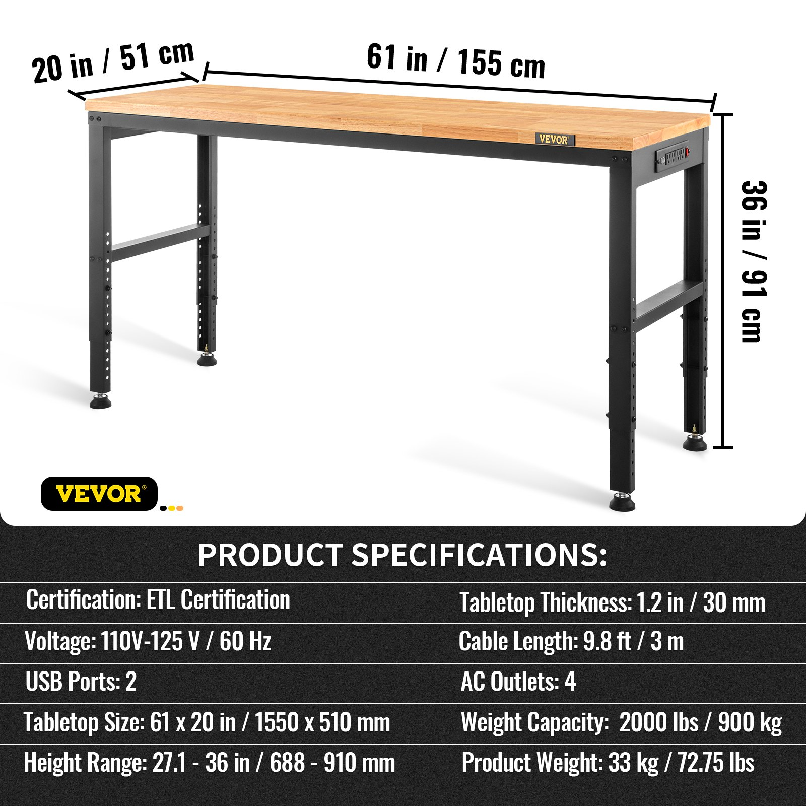 Workbench Adjustable Height, 61" x 20" Garage Table w/ 27.1" - 36" Heights & 2000 LBS Load Capacity, with Power Outlets & Hardwood Top & Metal Frame & Foot Pads, for Workshop Office Home - Backyard Livings