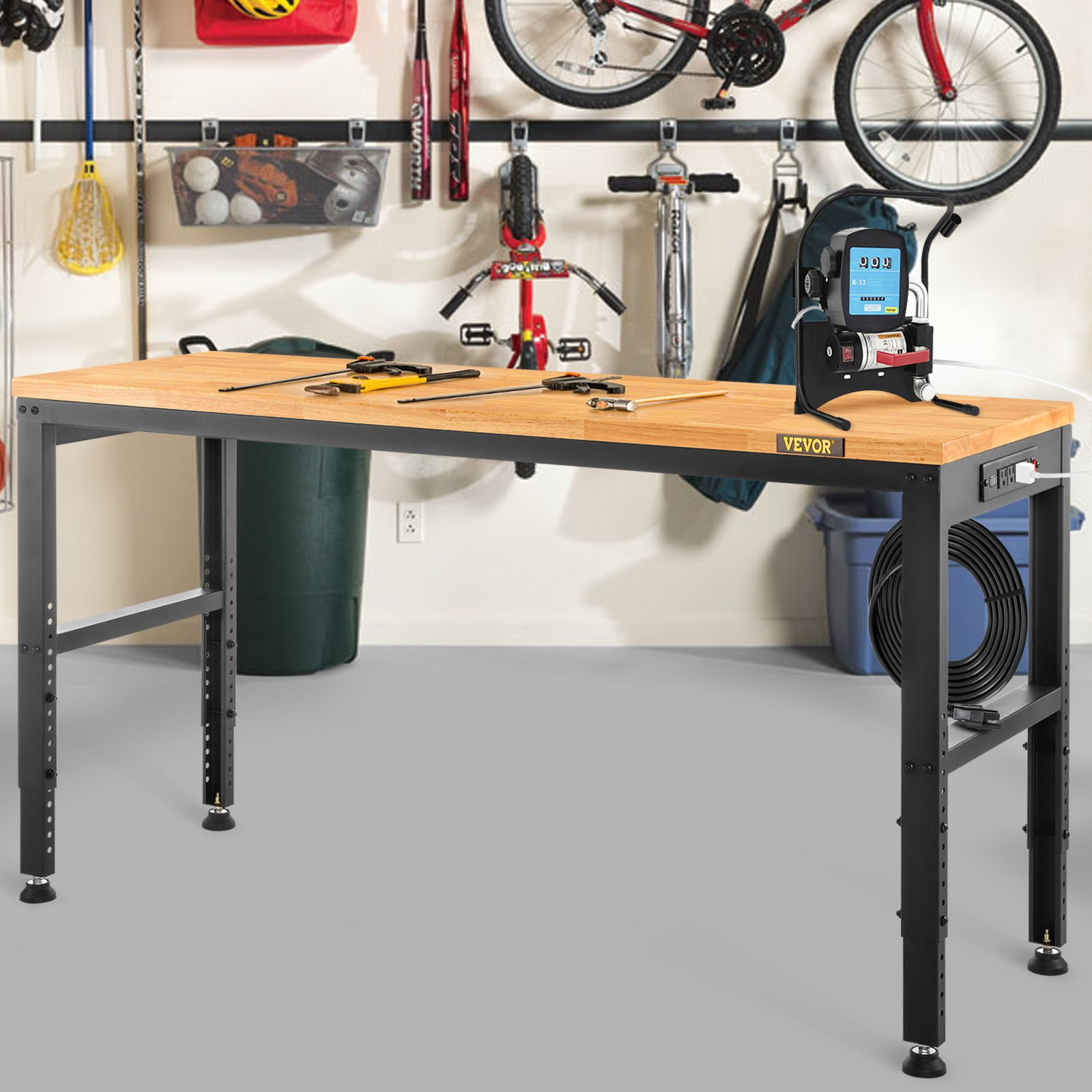 Workbench Adjustable Height, 61" x 20" Garage Table w/ 27.1" - 36" Heights & 2000 LBS Load Capacity, with Power Outlets & Hardwood Top & Metal Frame & Foot Pads, for Workshop Office Home - Backyard Livings