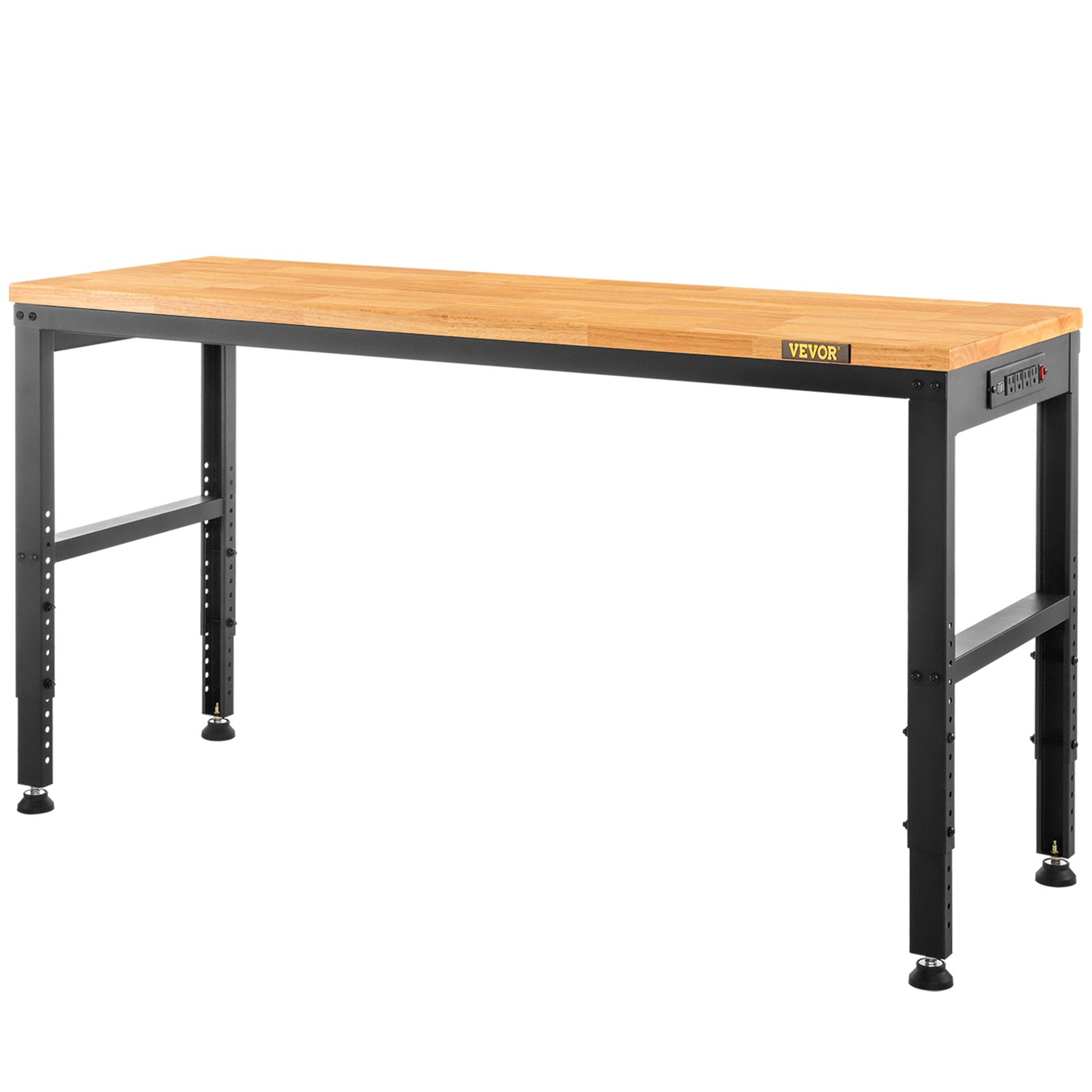 Workbench Adjustable Height, 61" x 20" Garage Table w/ 27.1" - 36" Heights & 2000 LBS Load Capacity, with Power Outlets & Hardwood Top & Metal Frame & Foot Pads, for Workshop Office Home - Backyard Livings