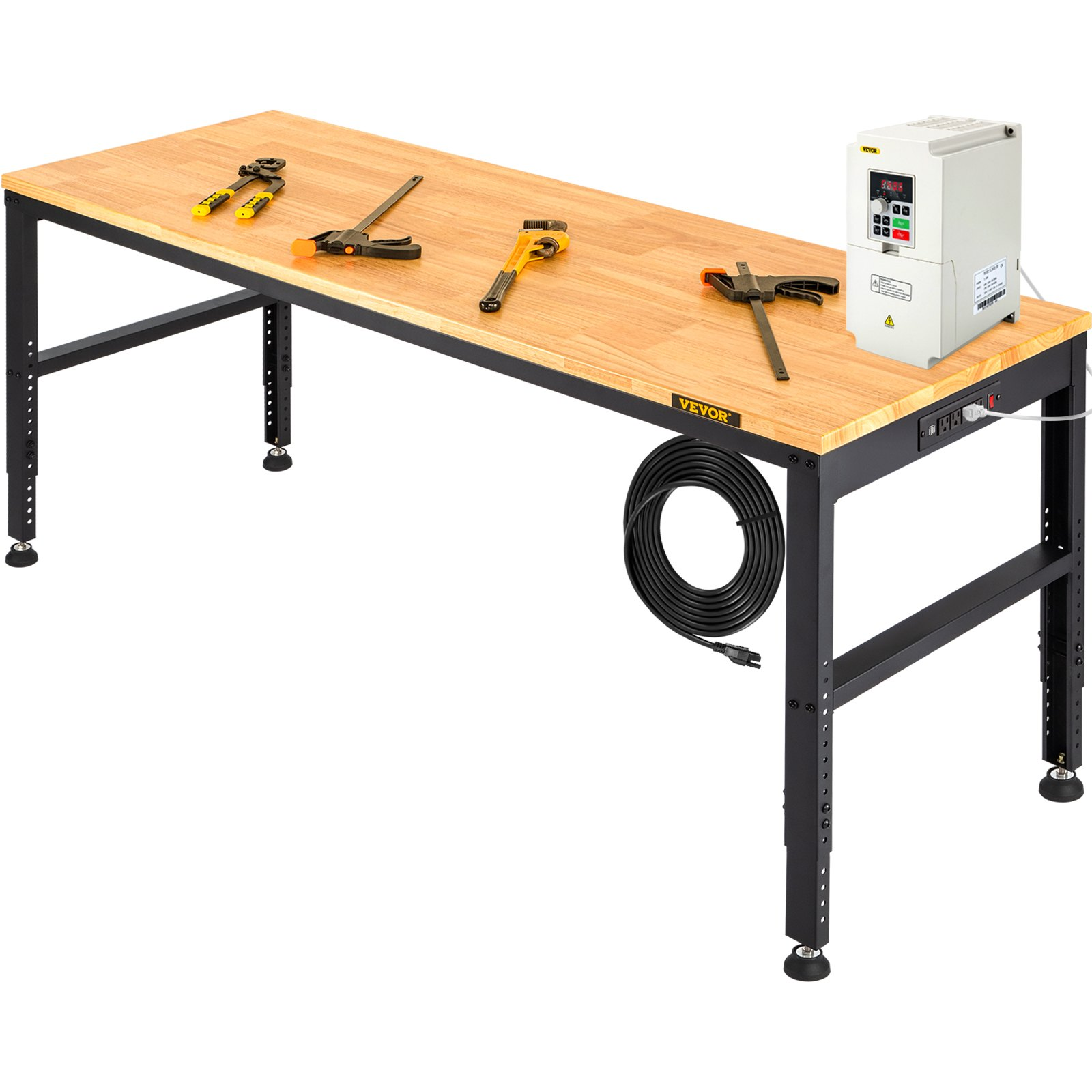 Workbench Adjustable Height, 61" x 20" Garage Table w/ 27.1" - 36" Heights & 2000 LBS Load Capacity, with Power Outlets & Hardwood Top & Metal Frame & Foot Pads, for Workshop Office Home - Backyard Livings