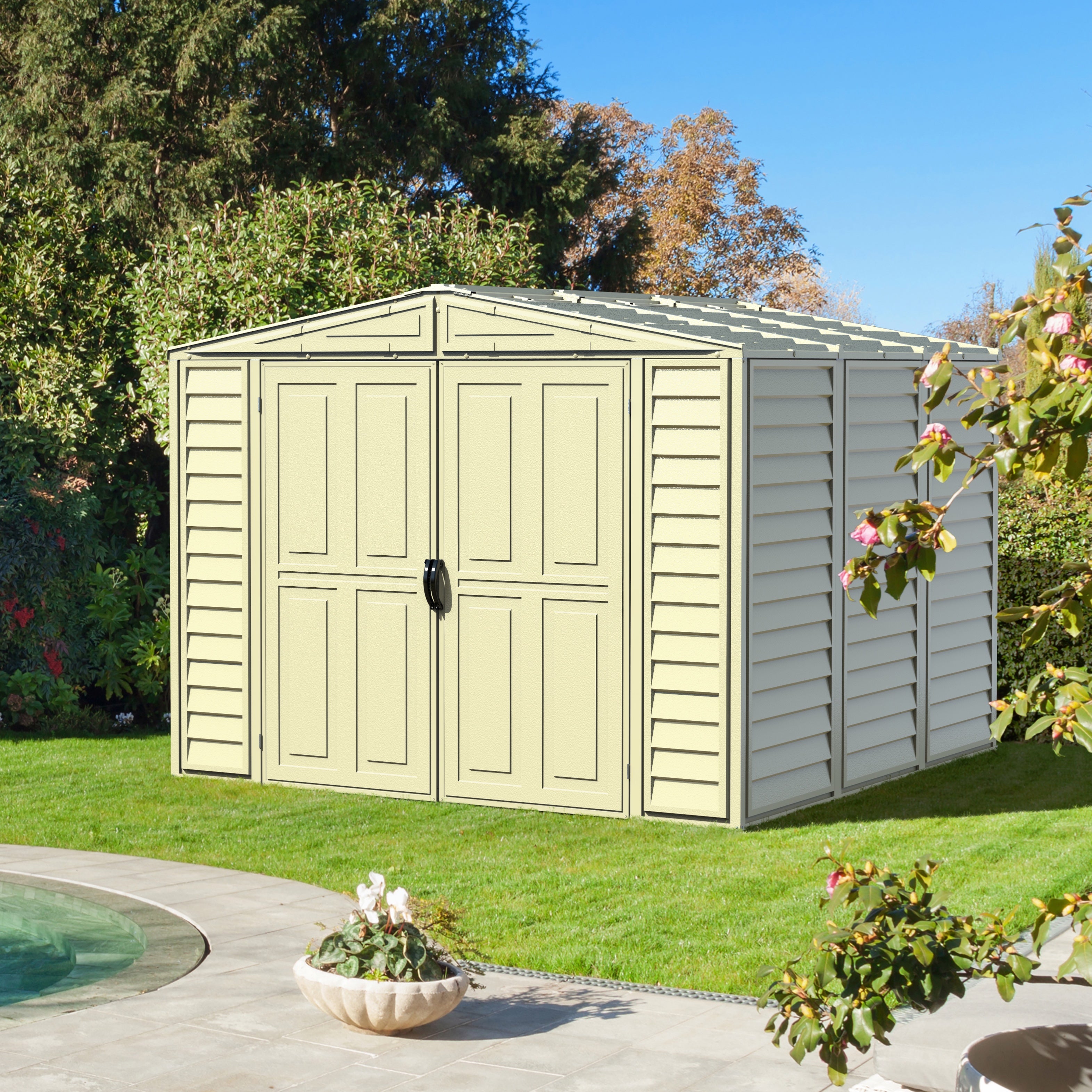Duramax 8ft x 8ft Duramate Vinyl Shed with Foundation Kit - Backyard Livings
