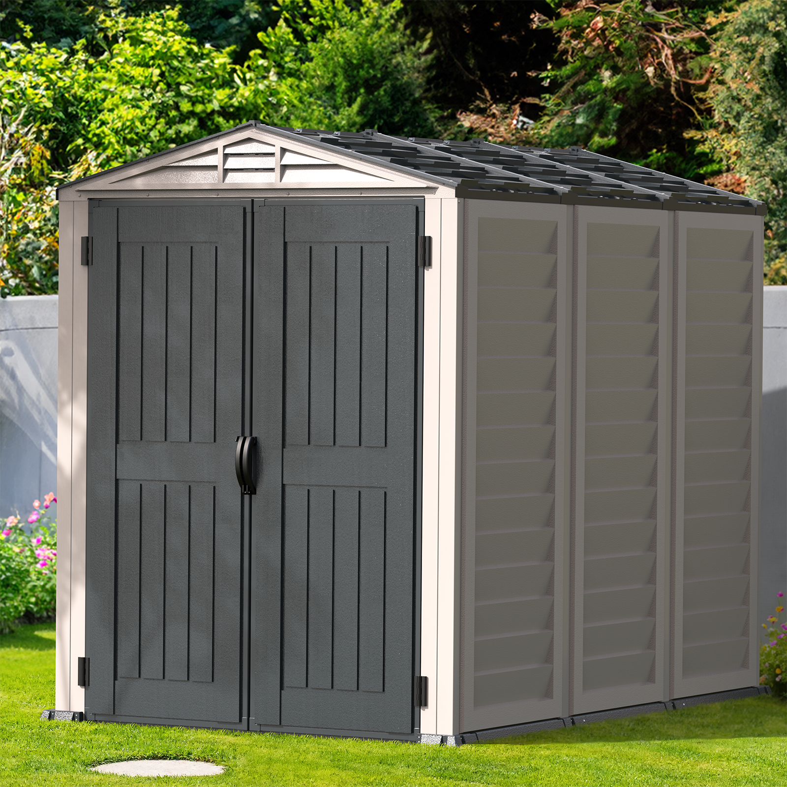 DuraMax YardMate Plus 5 ft. 6 in. x 8ft. Gray Vinyl Storage Shed - Backyard Livings