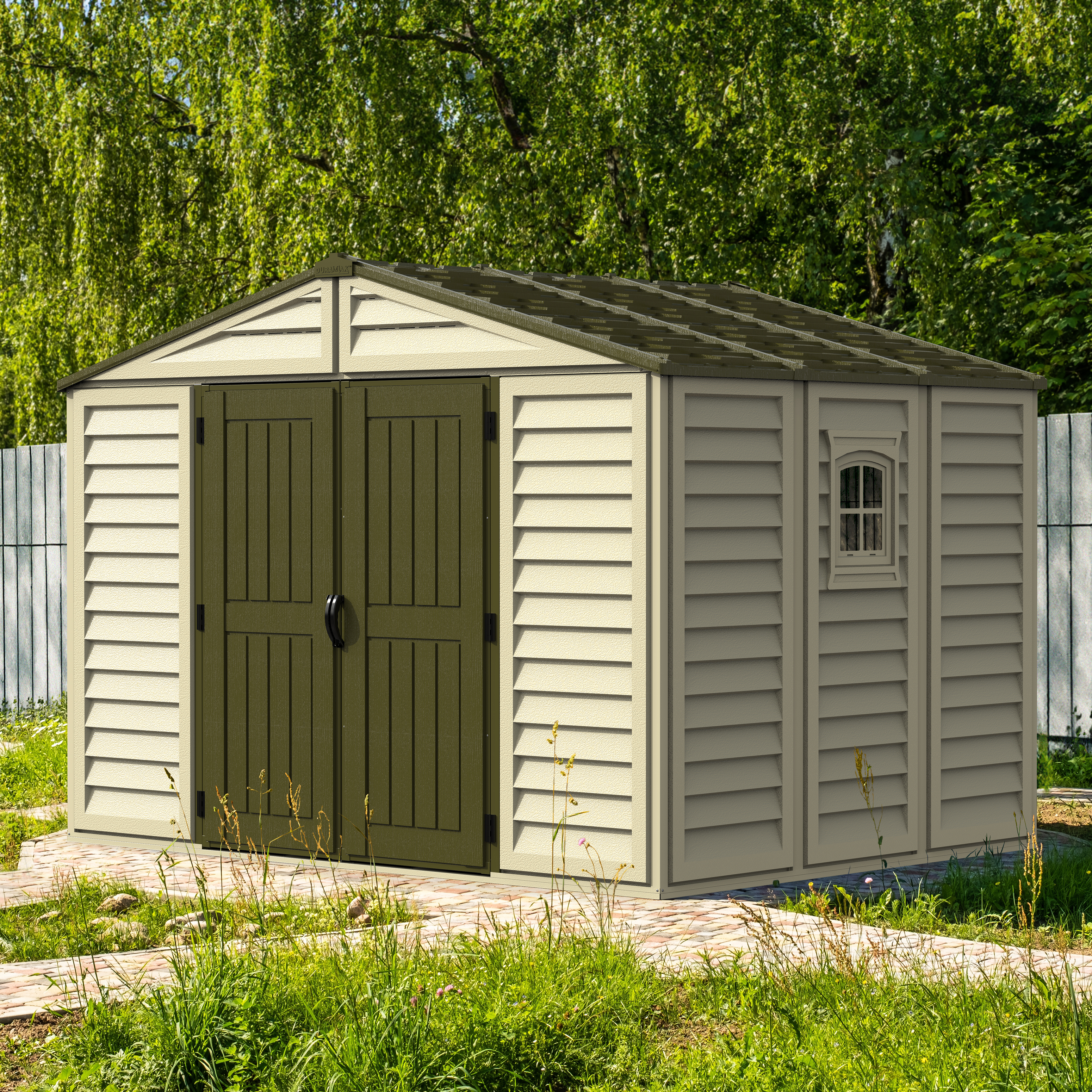 DuraMax 10.5 ft x 8ft Woodbridge Plus Shed w/ Foundation Kit & Window - Backyard Livings
