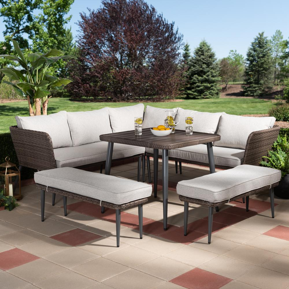 Lillian Modern and Contemporary Light Grey Upholstered and Brown Finished 5-Piece Woven Rattan Outdoor Patio Set - Backyard Livings