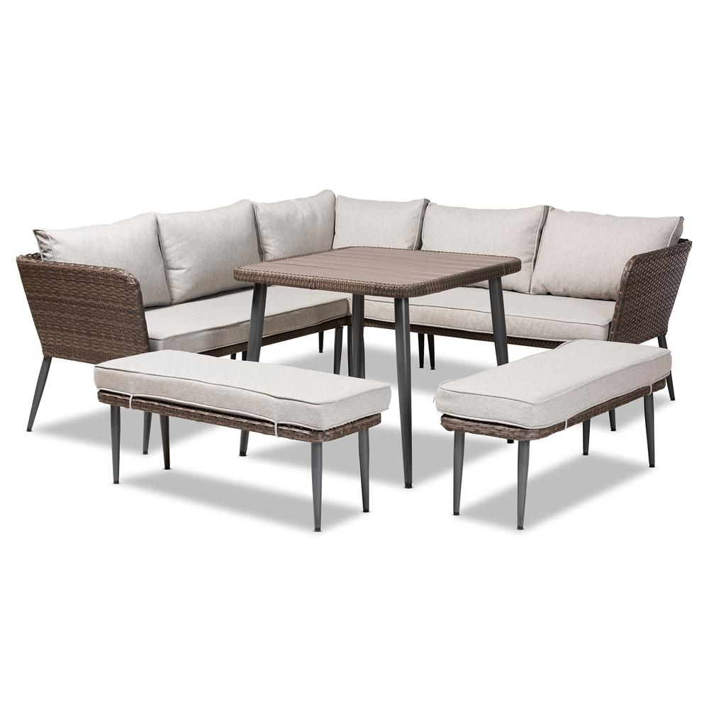 Lillian Modern and Contemporary Light Grey Upholstered and Brown Finished 5-Piece Woven Rattan Outdoor Patio Set - Backyard Livings