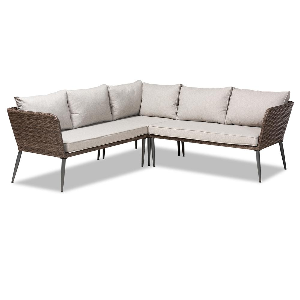 Lillian Modern and Contemporary Light Grey Upholstered and Brown Finished 5-Piece Woven Rattan Outdoor Patio Set - Backyard Livings