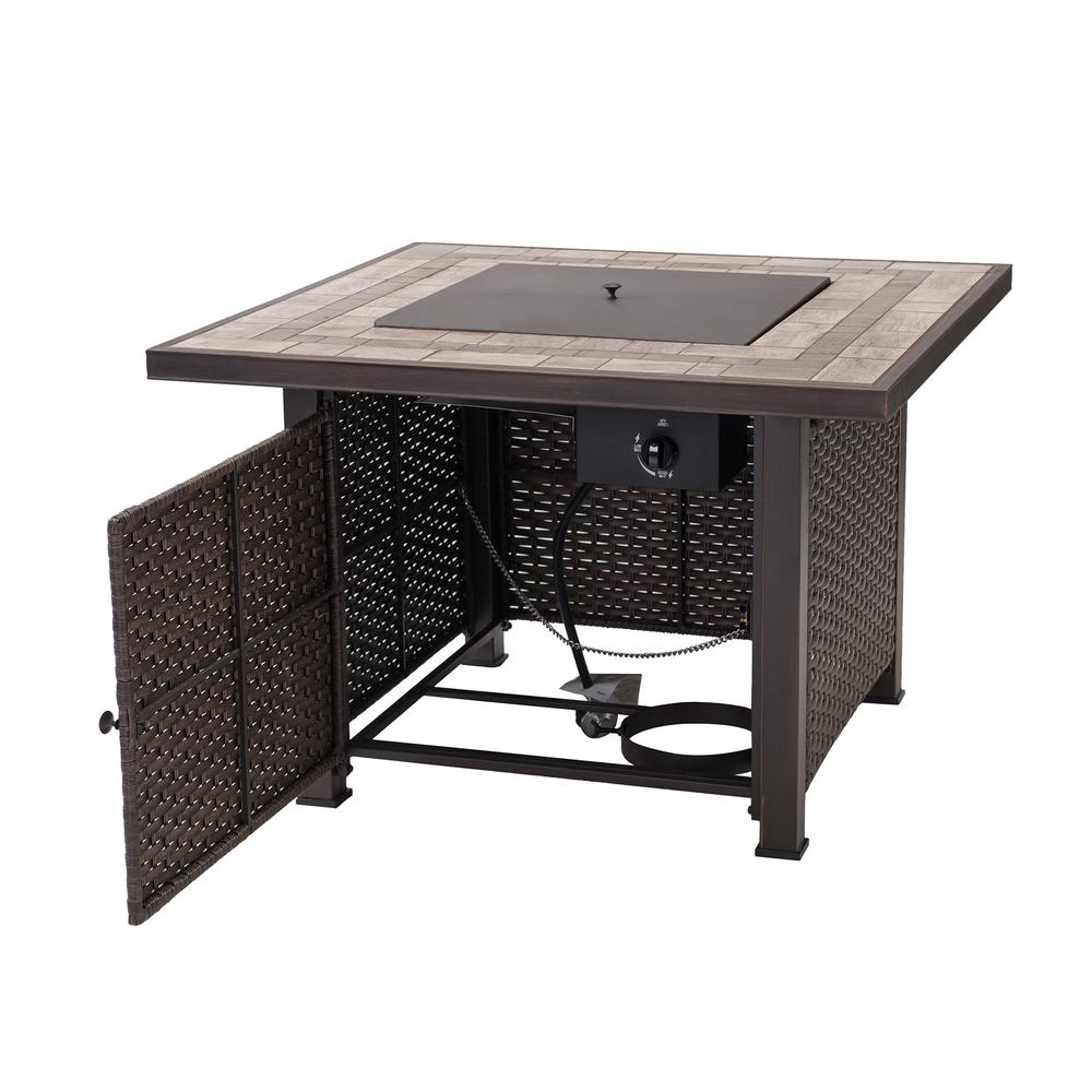 Sunjoy 38" Outdoor Patio Brown Square All-Weather Wicker Ceramic Tile Top Propane Burning Fire Pit Table - Backyard Livings