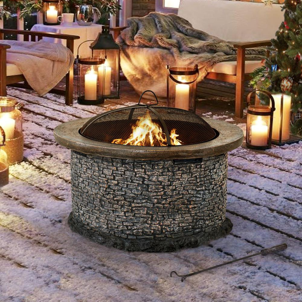 Sunjoy Stone 32 in. Round Wood Burning Outdoor Firepit - Backyard Livings