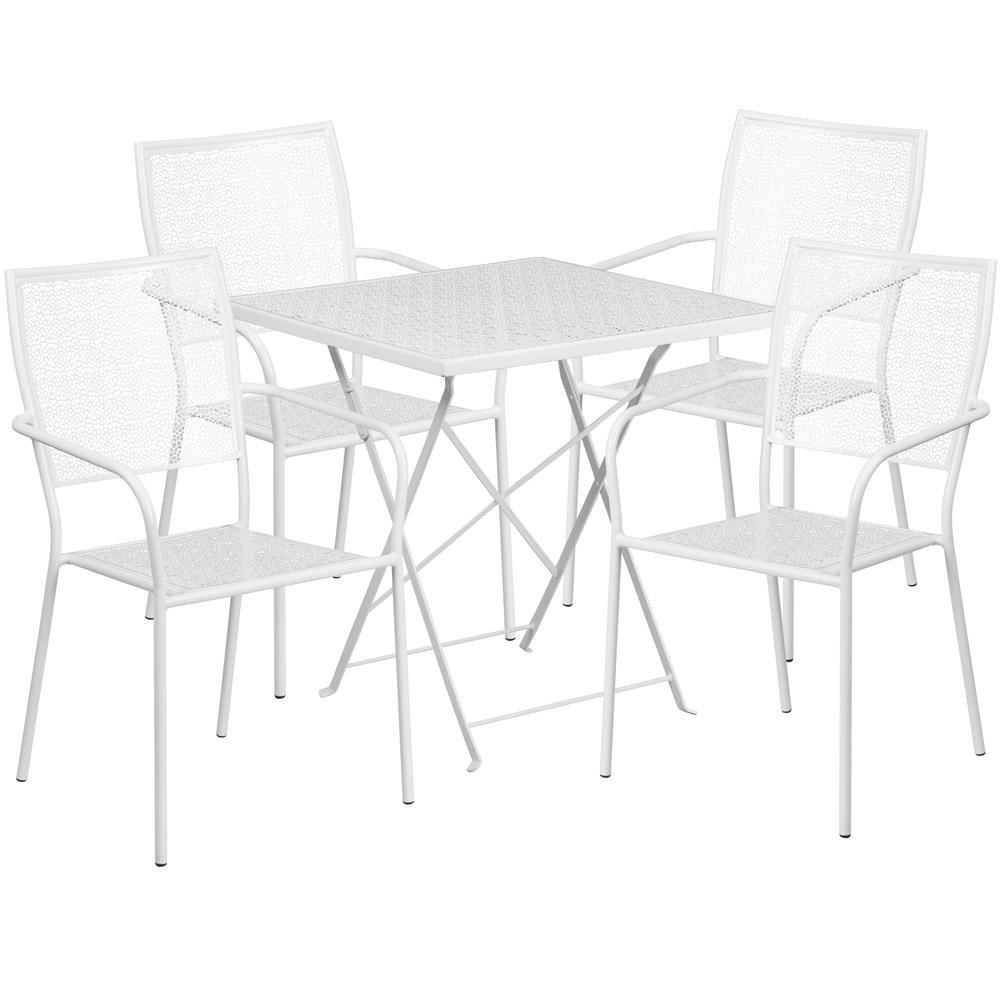 Commercial Grade 28" Square White Indoor-Outdoor Steel Folding Patio Table Set with 4 Square Back Chairs - Backyard Livings