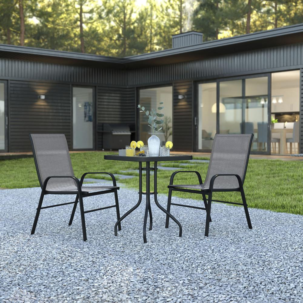 3 Piece Outdoor Patio Dining Set - 23.5" Square Tempered Glass Patio Table, 2 Gray Flex Comfort Stack Chairs - Backyard Livings