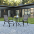 3 Piece Outdoor Patio Dining Set - 23.5" Square Tempered Glass Patio Table, 2 Gray Flex Comfort Stack Chairs - Backyard Livings