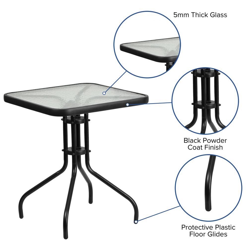 3 Piece Outdoor Patio Dining Set - 23.5" Square Tempered Glass Patio Table, 2 Gray Flex Comfort Stack Chairs - Backyard Livings