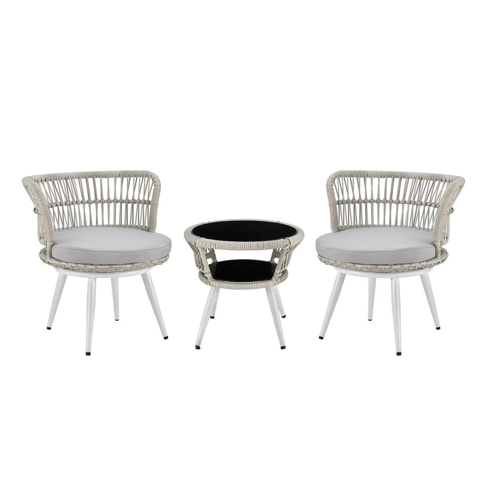 Monaco Rope Wicker 3-Piece Patio Conversation Set with Cushions in Grey - Backyard Livings
