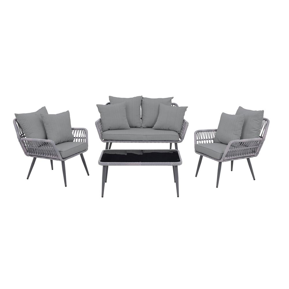 Portofino Rope Wicker 4-Piece Patio Conversation Set with Cushions in Grey - Backyard Livings