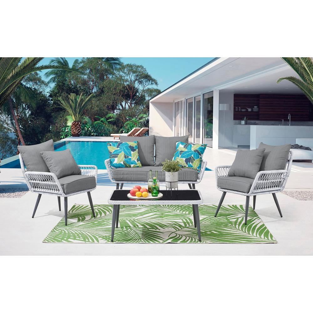 Portofino Rope Wicker 4-Piece Patio Conversation Set with Cushions in Grey - Backyard Livings