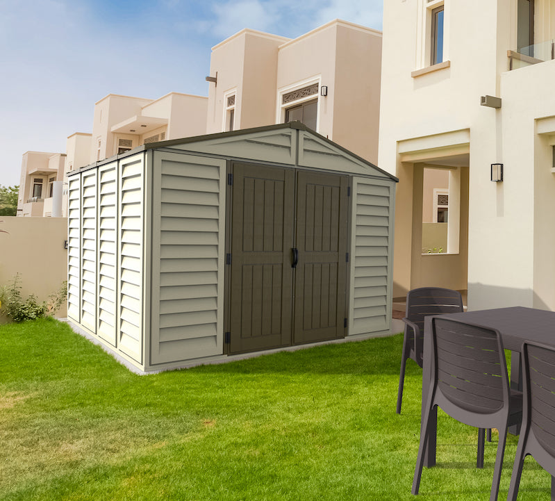 DuraMax 10.5ft x 10.5 ft Woodbridge Plus Vinyl Shed w/ Foundation Kit & Window