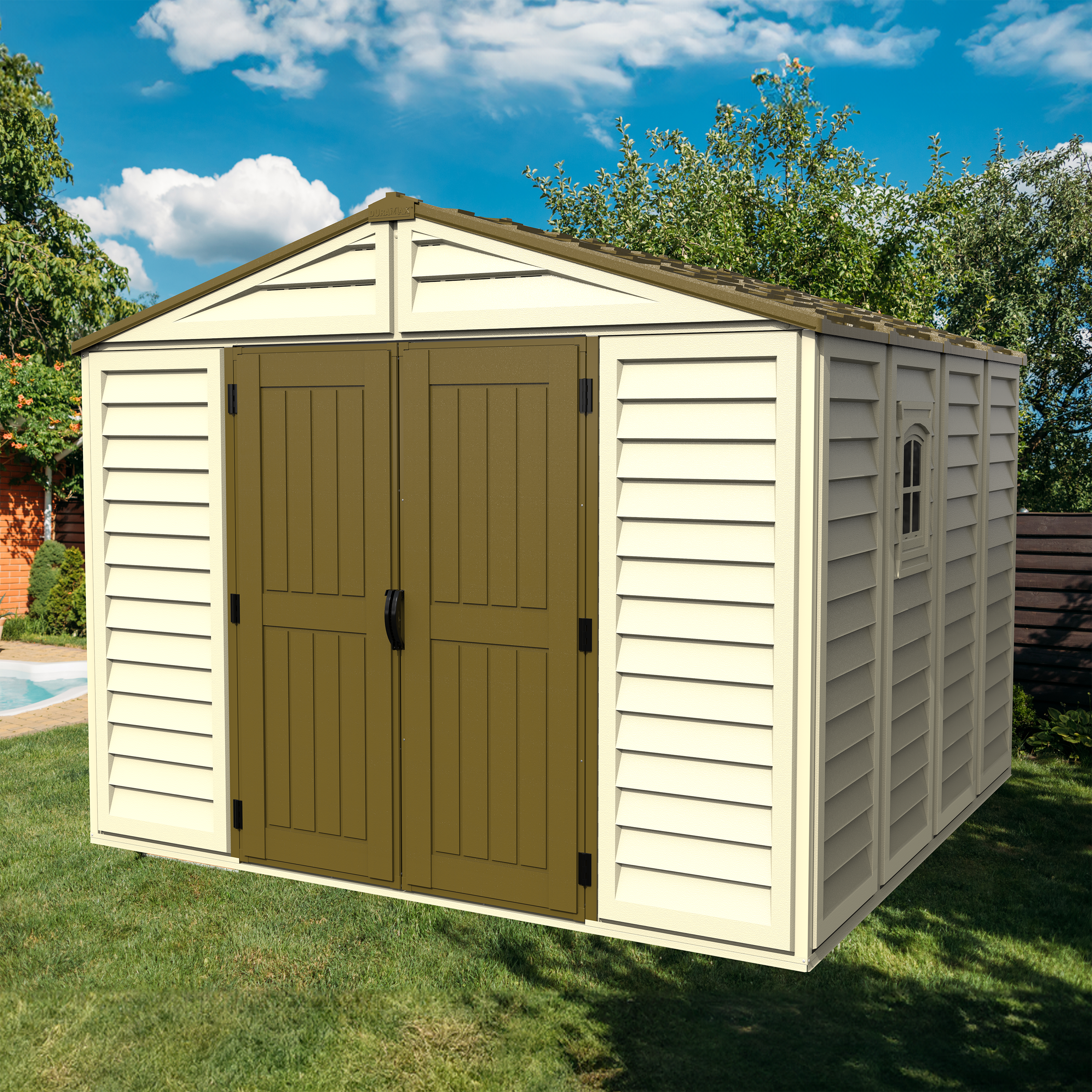 DuraMax 10.5ft x 10.5 ft Woodbridge Plus Vinyl Shed w/ Foundation Kit & Window