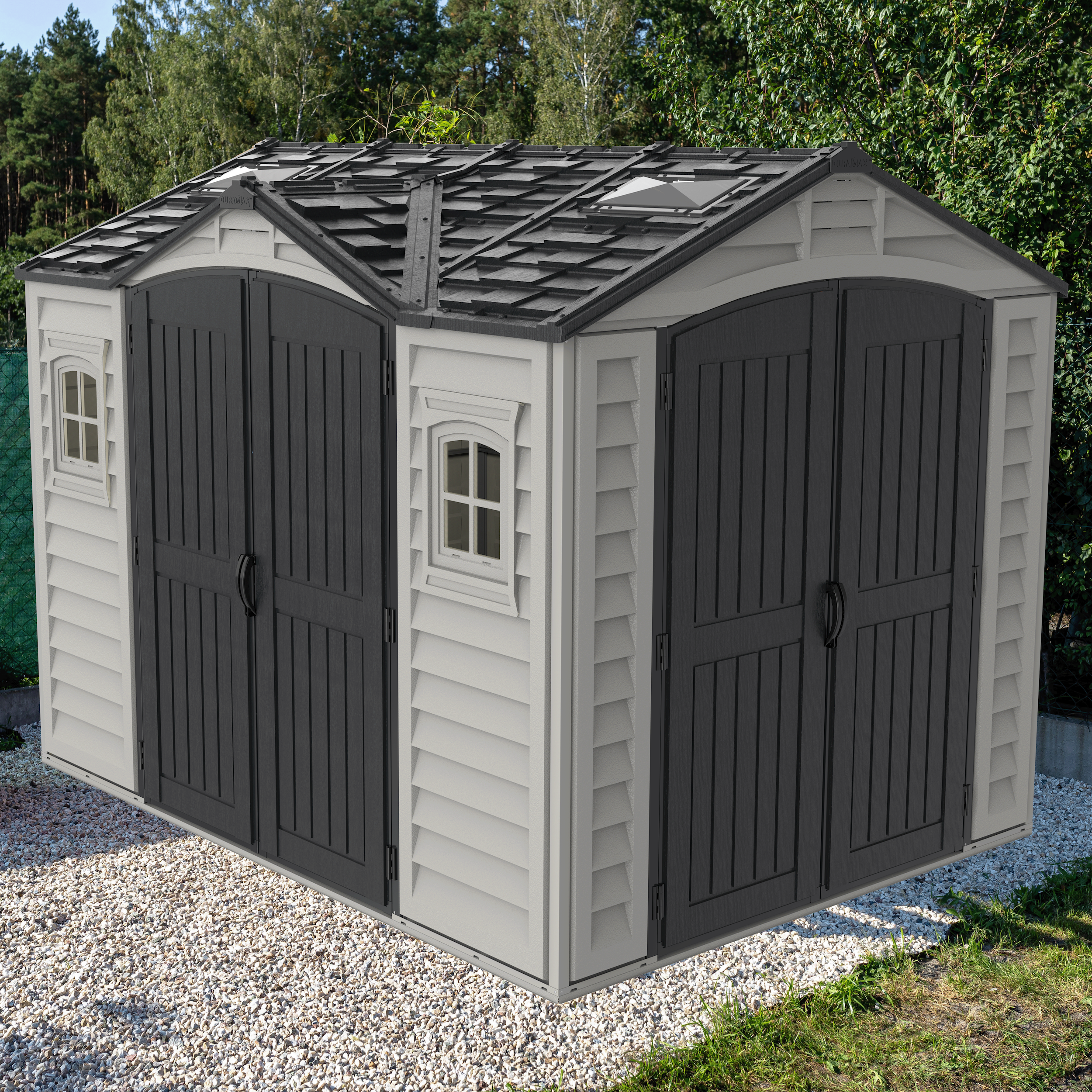 Duramax Apex Pro 10.5'X8' Vinyl Shed with Foundation, 2 Windows and Side Door