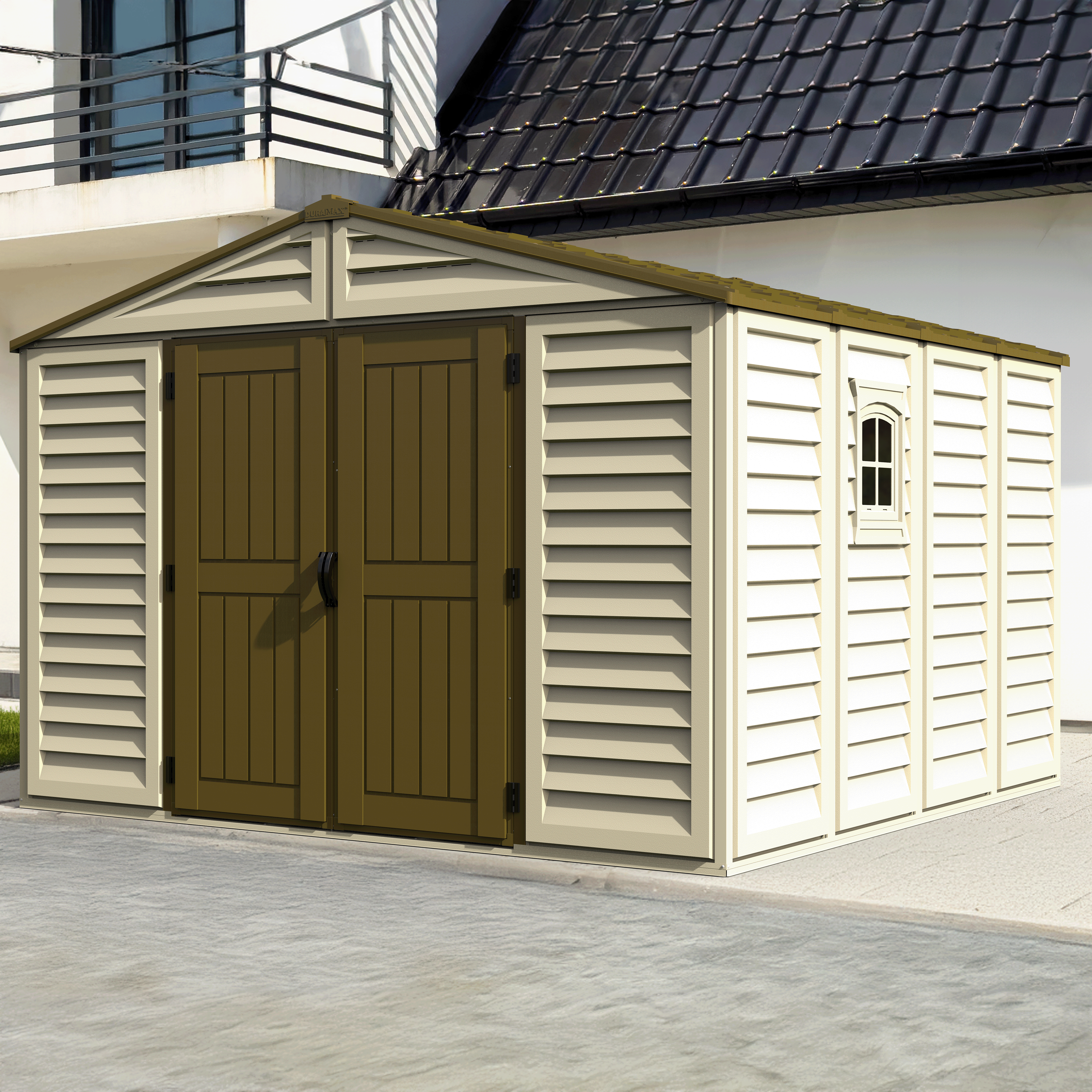 DuraMax 10.5ft x 10.5 ft Woodbridge Plus Vinyl Shed w/ Foundation Kit & Window