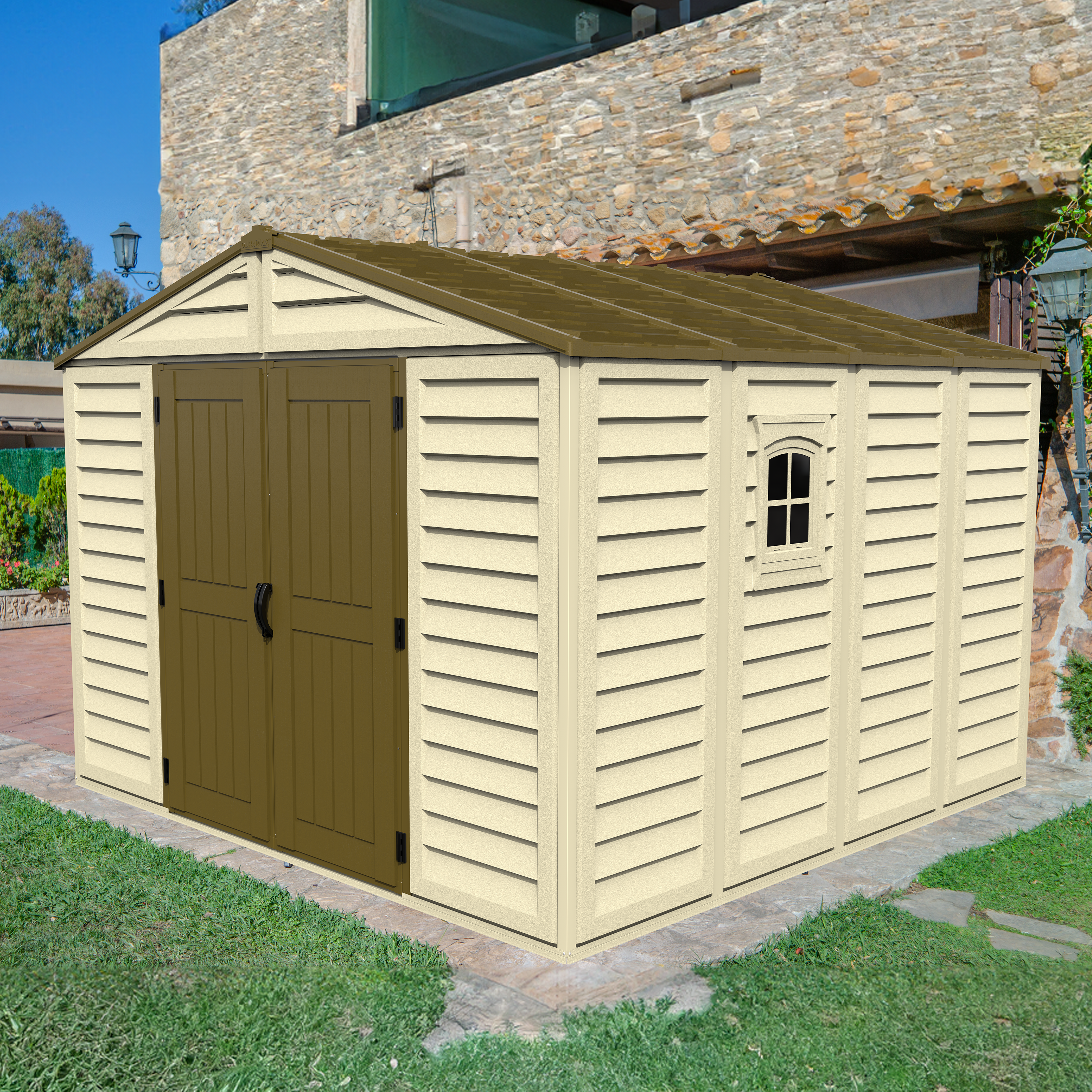 DuraMax 10.5ft x 10.5 ft Woodbridge Plus Vinyl Shed w/ Foundation Kit & Window - Backyard Livings