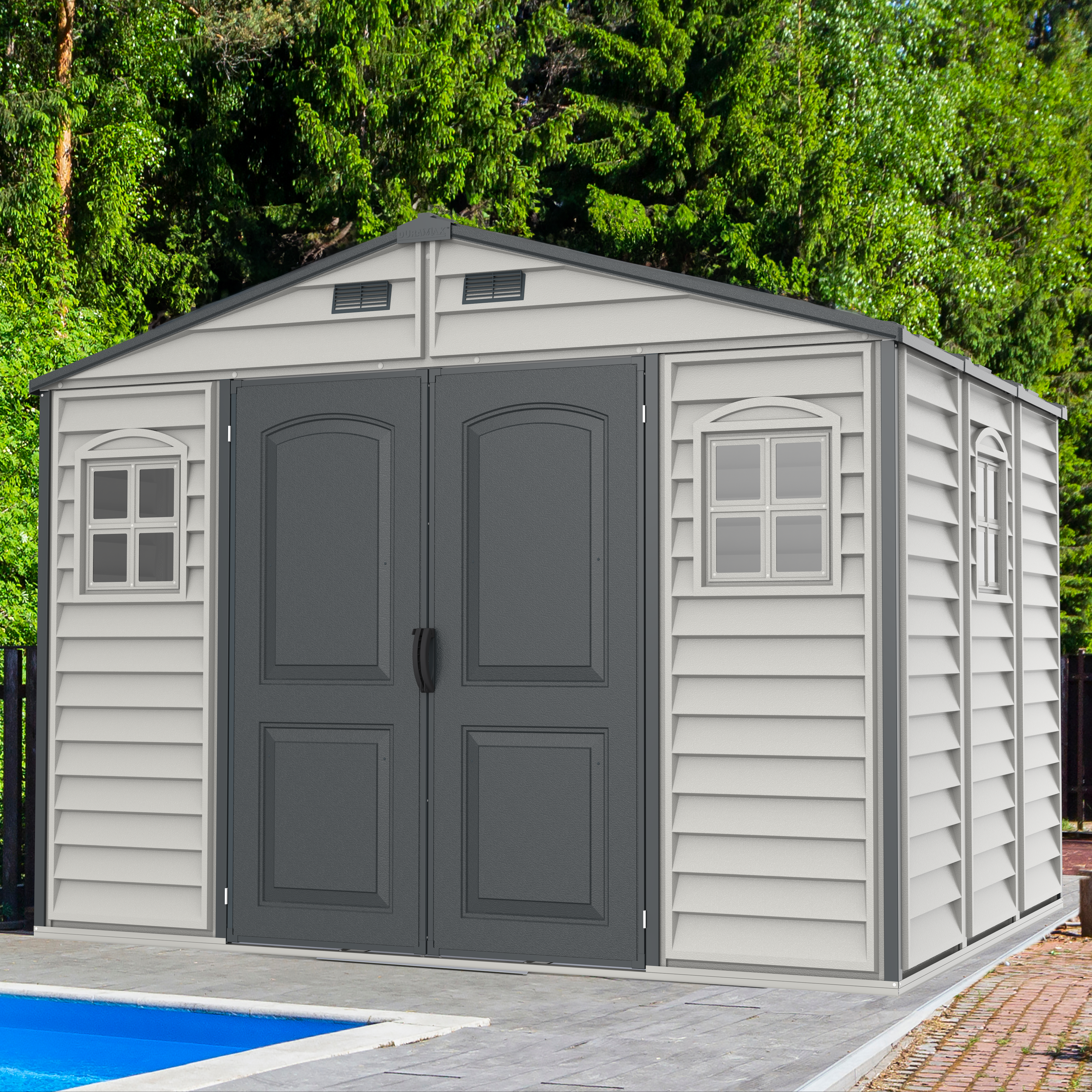 Duramax Woodside Plus 10.5x8 Vinyl Resin Outdoor Storage Shed With Foundation Kit