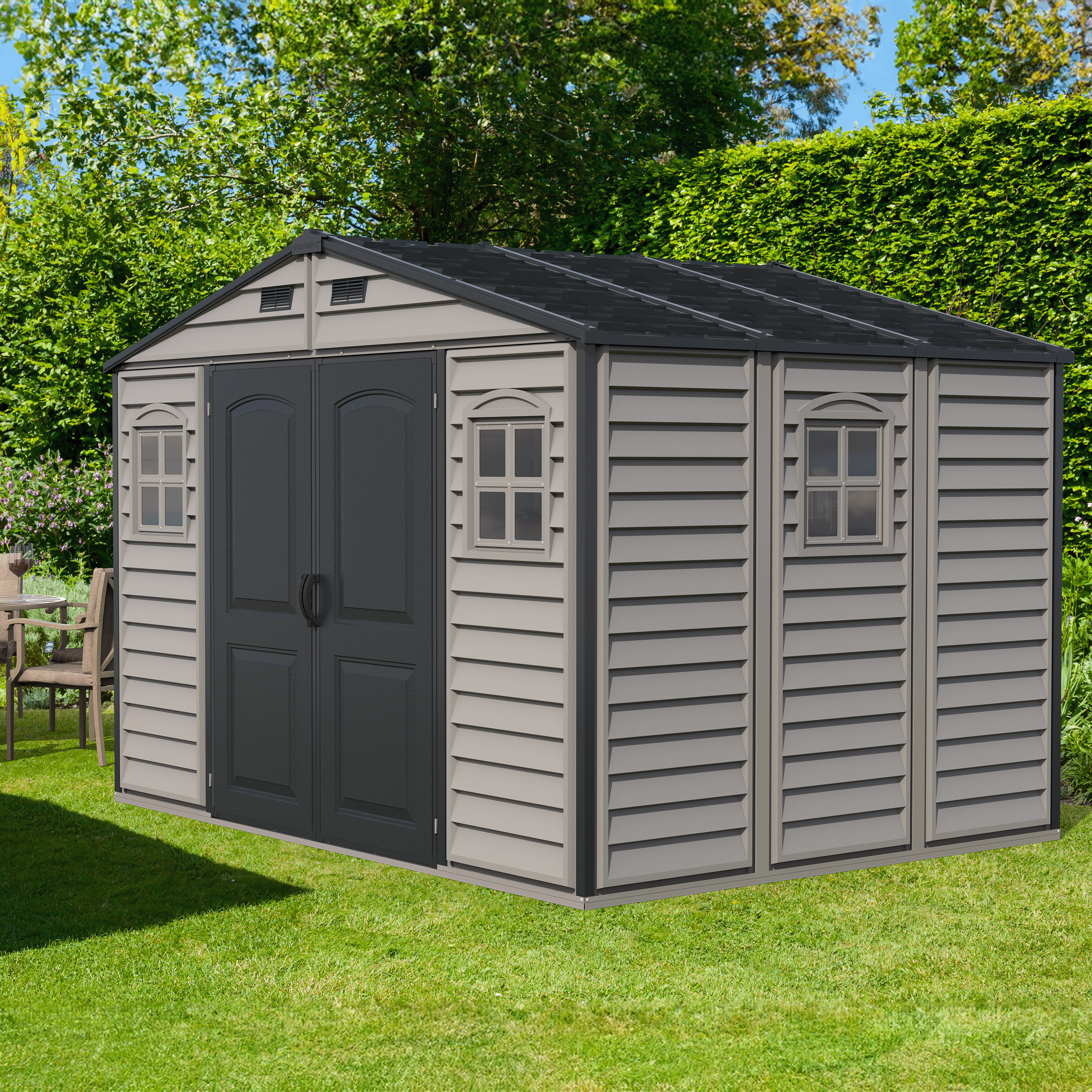 Duramax Woodside Plus 10.5x8 Vinyl Resin Outdoor Storage Shed With Foundation Kit