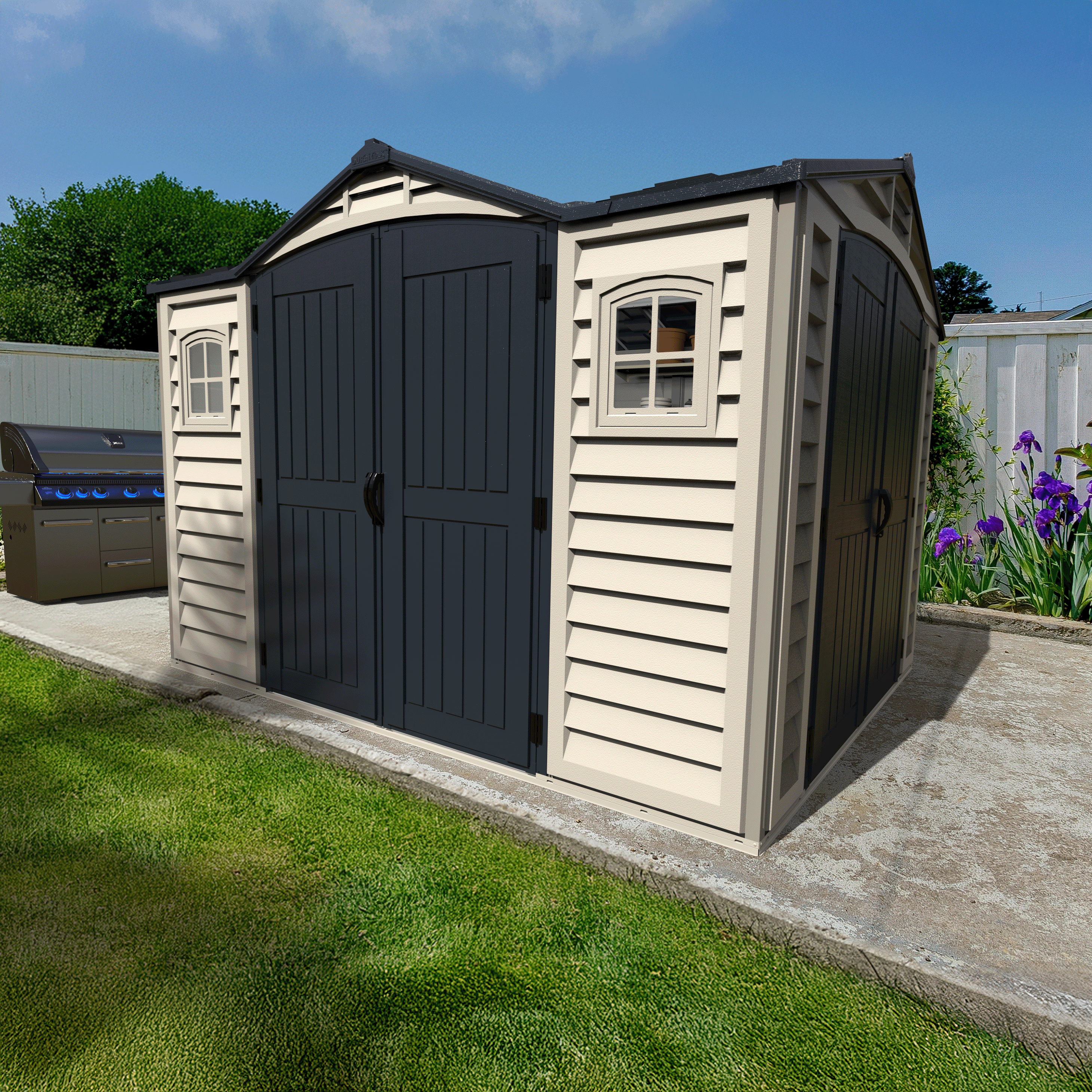 Duramax Apex Pro 10.5'X8' Vinyl Shed with Foundation, 2 Windows and Side Door