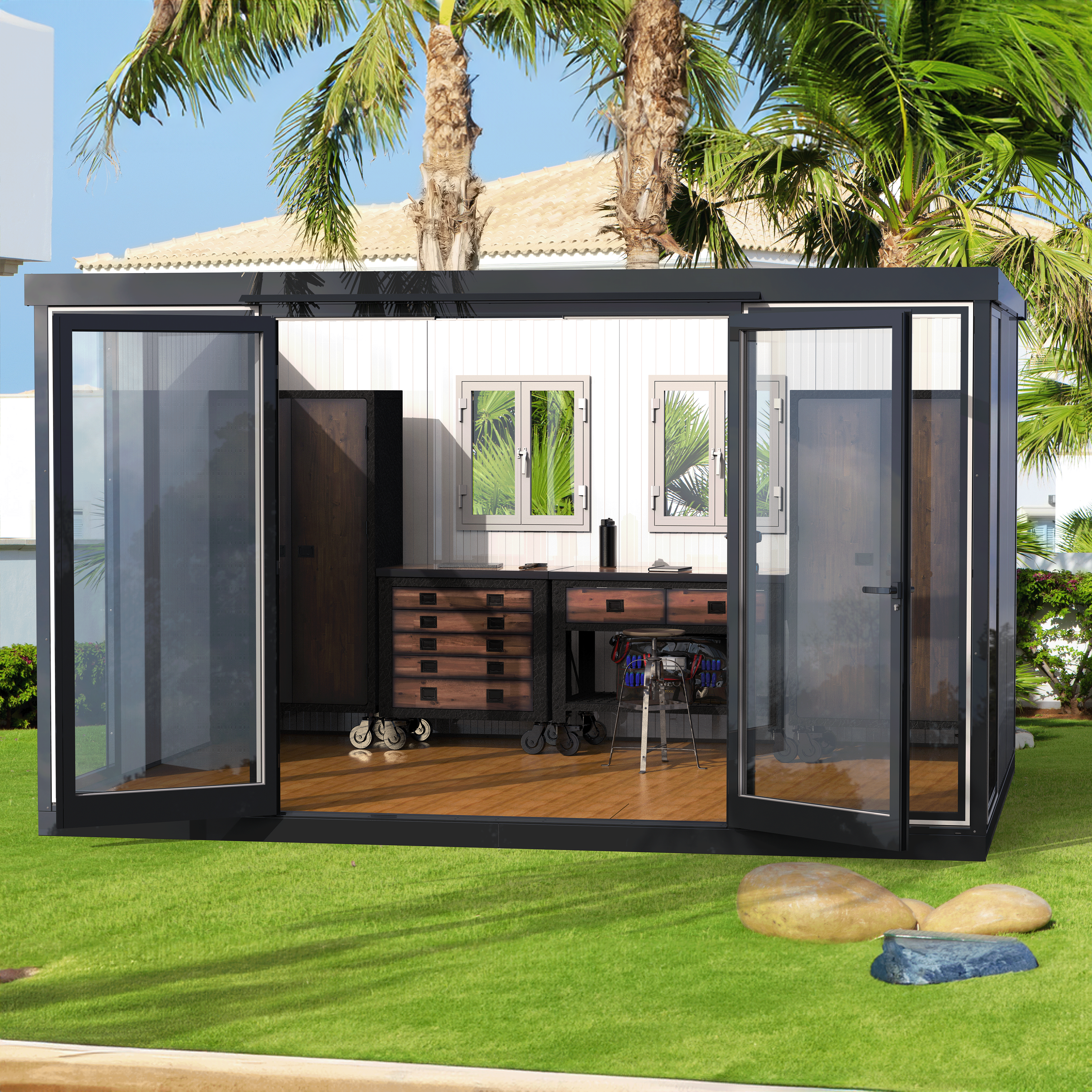 Duramax 13x10 Garden Glass Room, Outdoor Office, Shelter, Playroom and Insulated Building with Double Doors