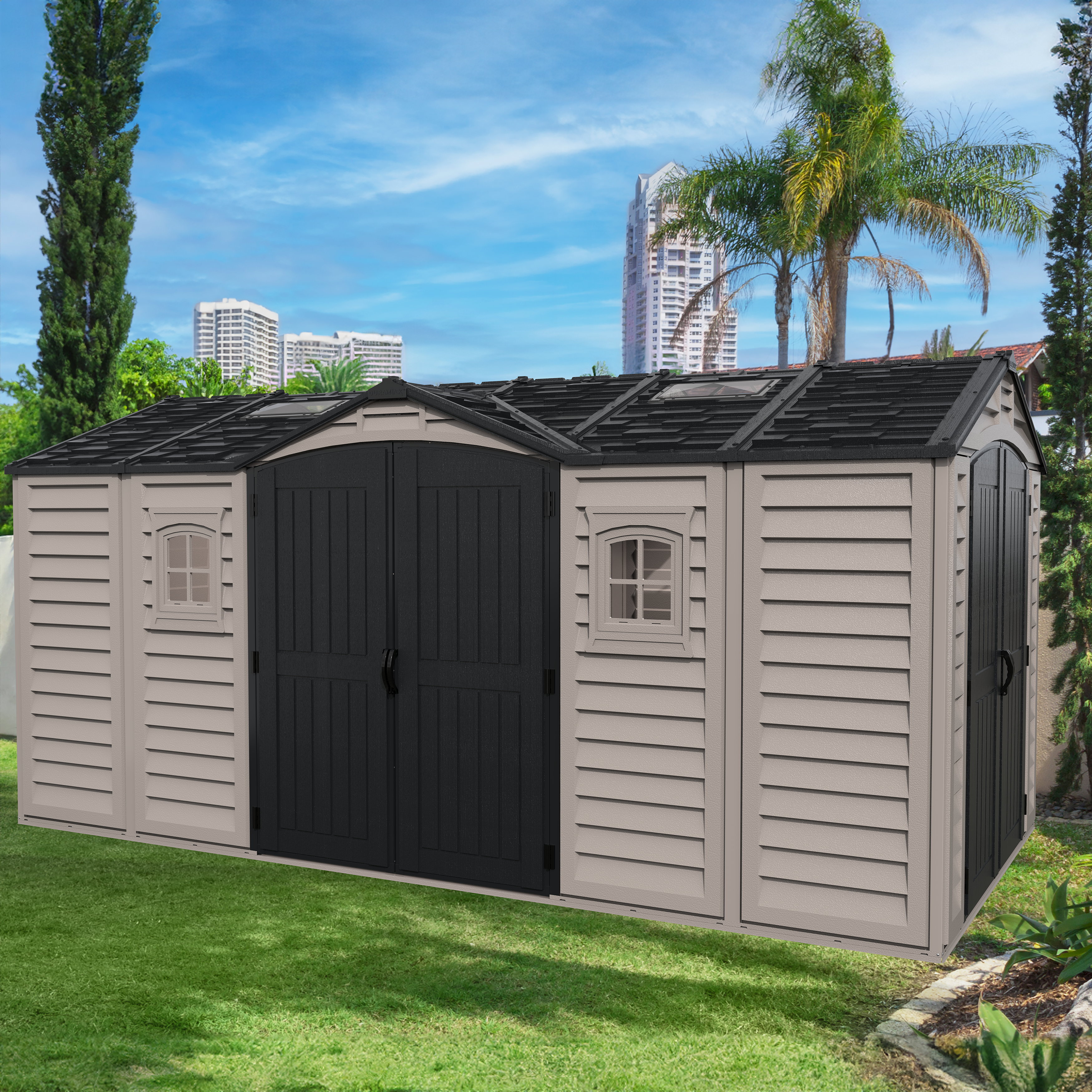 Duramax 15 x 8 Apex Pro Vinyl Shed with Foundation, 2 Windows and 2 Doors