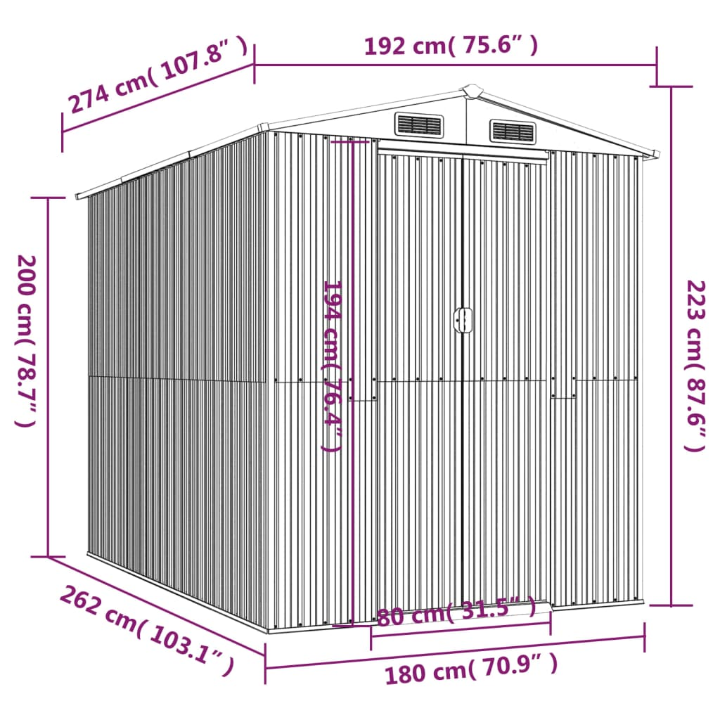 vidaXL Garden Shed Light Gray 75.6"x107.9"x87.8" Galvanized Steel - Backyard Livings