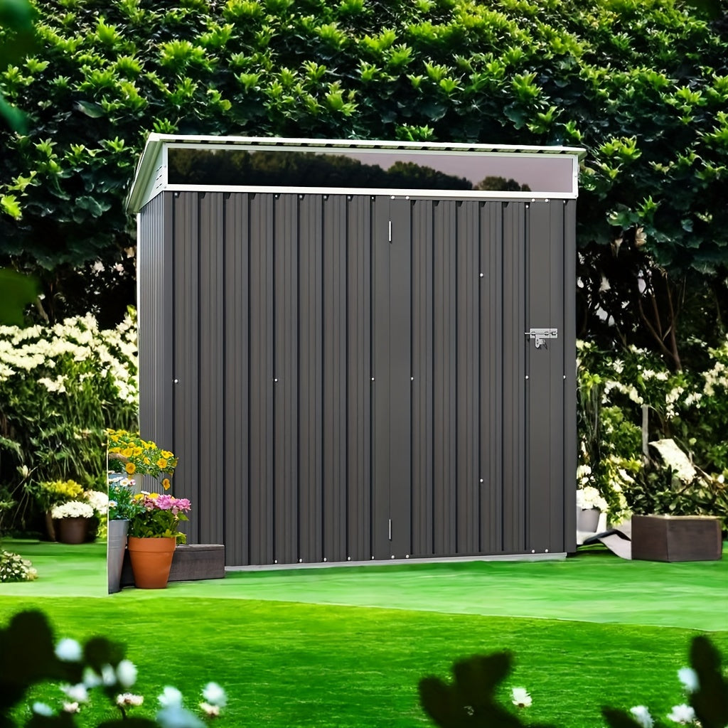 Anbebe Outdoor Storage Shed, Weather Resistant Steel Tool Storage House Shed with Large Window Lockable Single Door, Waterproof Metal Garden Sheds, for Yard, Garden, Patio, Lawn, Dark Grey - Backyard Livings