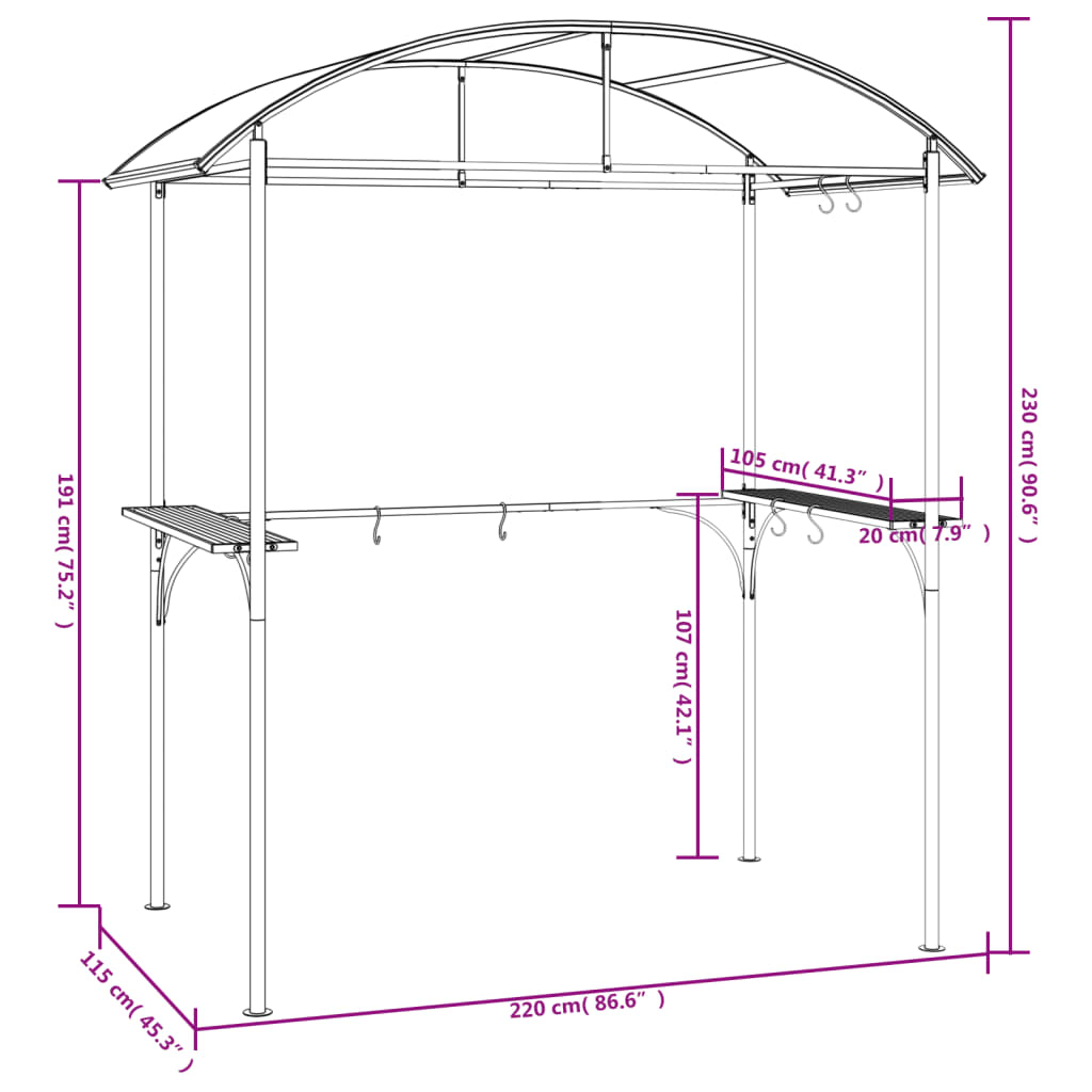 vidaXL BBQ Gazebo with Side Shelves Anthracite 86.6"x45.3"x90.6" Steel - Backyard Livings