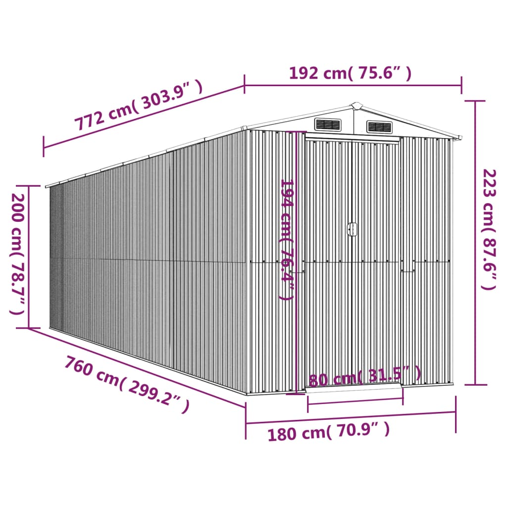 vidaXL Garden Shed Green 75.6"x303.9"x87.8" Galvanized Steel - Backyard Livings