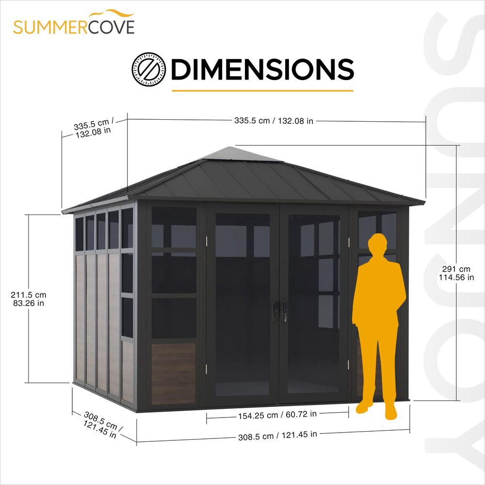 11 Ft. x 11 Ft. Outdoor Rust-resistant Aluminum Sunroom . Black Hardtop Gazebo - Backyard Livings