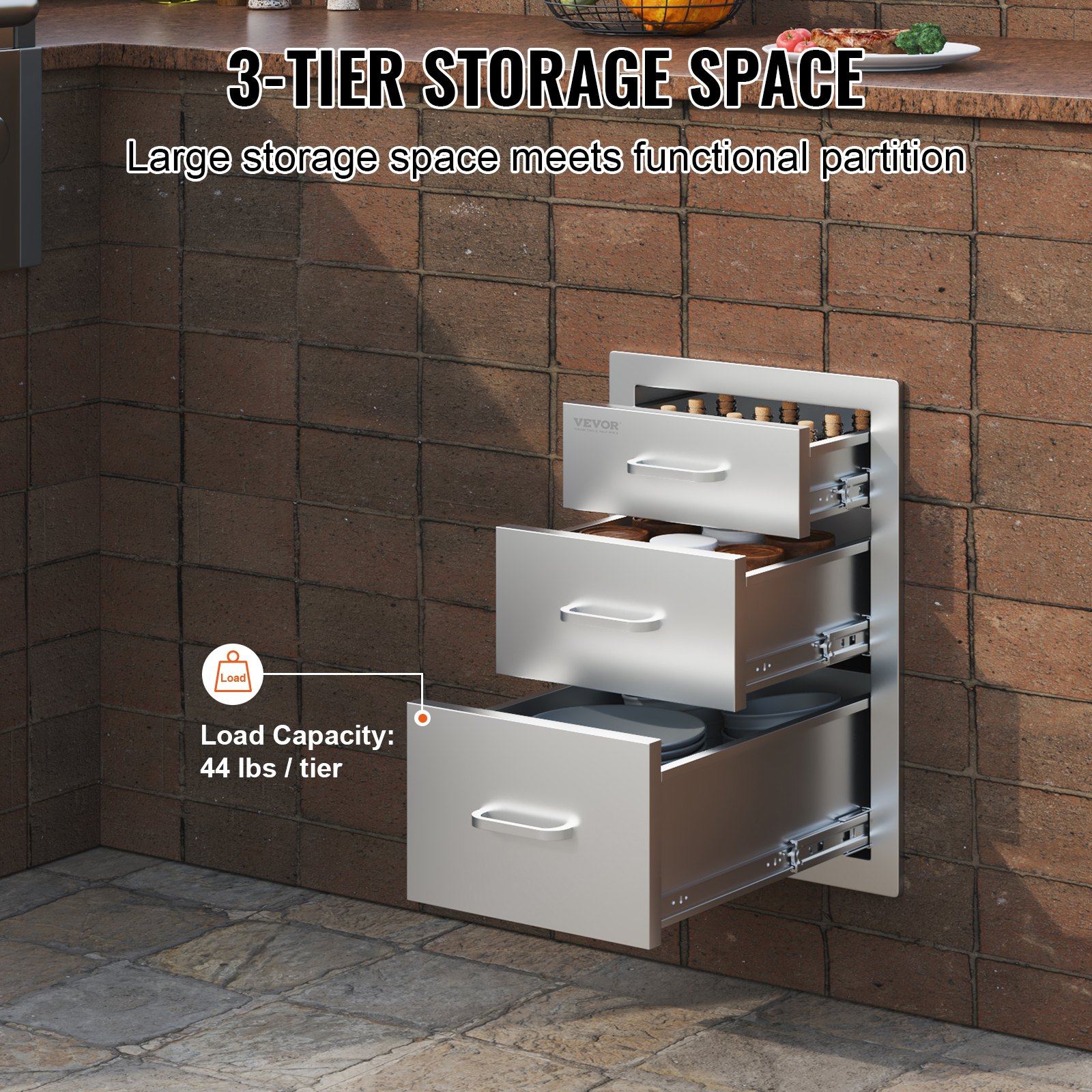 Outdoor Kitchen Drawers 14" W x 20.3" H x 23" D, Flush Mount Triple Access BBQ Drawers Stainless Steel with Handle, BBQ Island Drawers for Outdoor Kitchens or Patio Grill Station - Backyard Livings