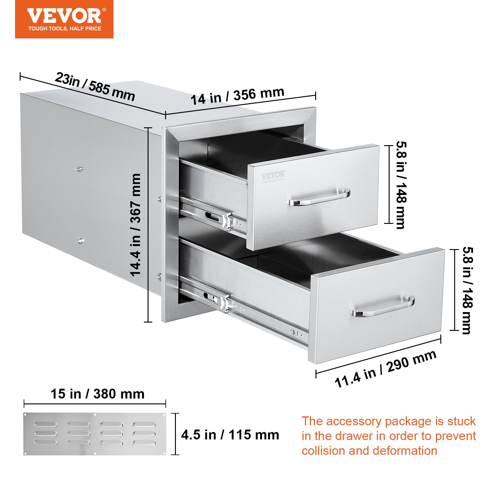 Outdoor Kitchen Drawers 14W x 14.3H x 23D Inch, Flush Mount Double BBQ Drawers Stainless Steel with Handle, BBQ Island Drawers for Outdoor Kitchens or Grill Station - Backyard Livings