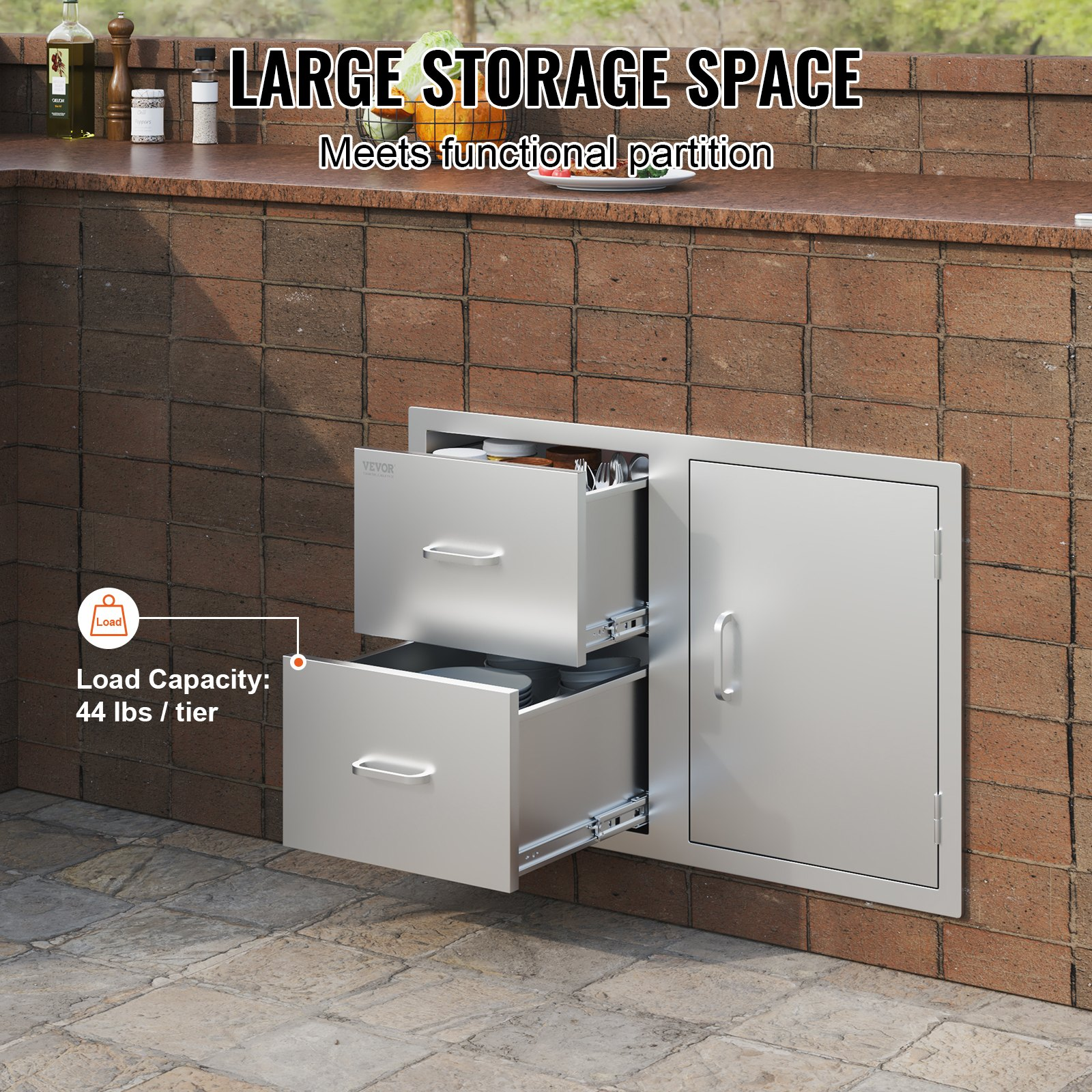 Outdoor Kitchen Door Drawer Combo 32.5" W x 21.6" H x 20.5''D, Access Door/Double Drawers with Paper Towel Rack, BBQ Island Drawers with Stainless Steel Handles for Outdoor Kitchen - Backyard Livings