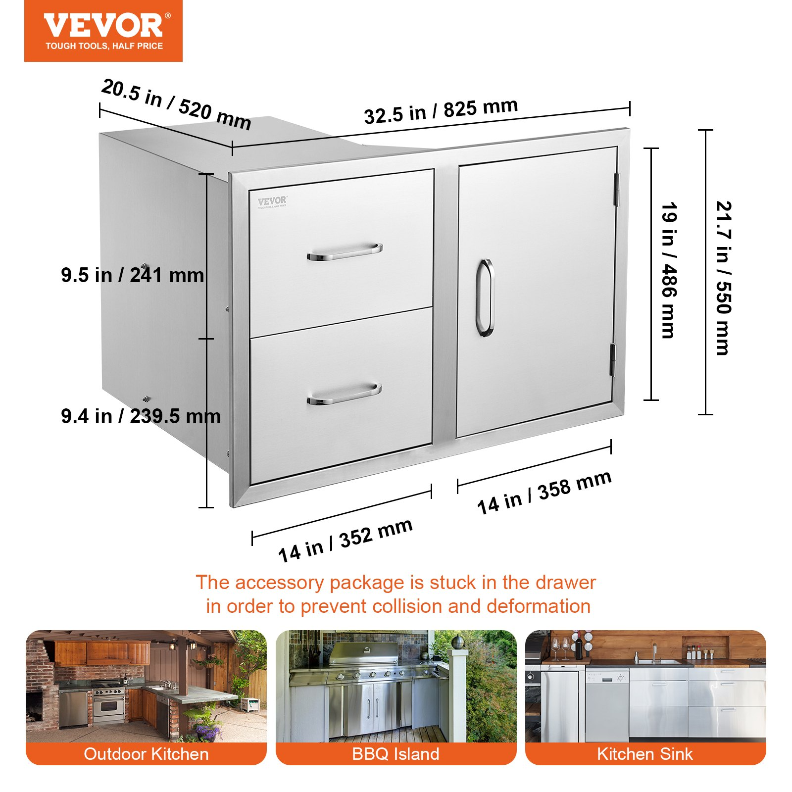 Outdoor Kitchen Door Drawer Combo 32.5" W x 21.6" H x 20.5''D, Access Door/Double Drawers with Paper Towel Rack, BBQ Island Drawers with Stainless Steel Handles for Outdoor Kitchen - Backyard Livings