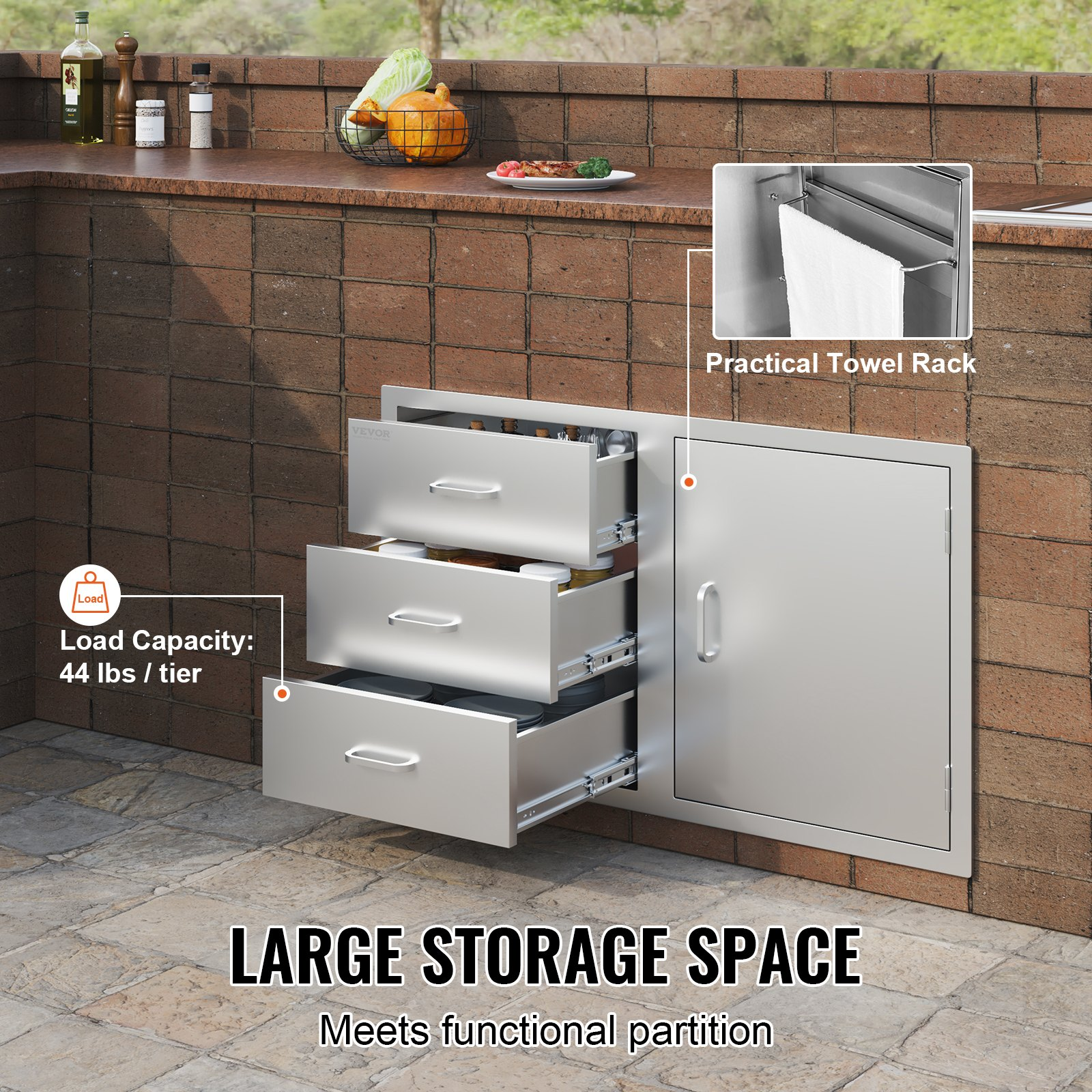 Outdoor Kitchen Door Drawer Combo 38.1''W x 22.6''H x 20.8''D, BBQ Access Door/Triple Drawers Combo with Stainless Steel Handles, Perfect for BBQ Island Patio Grill Station - Backyard Livings