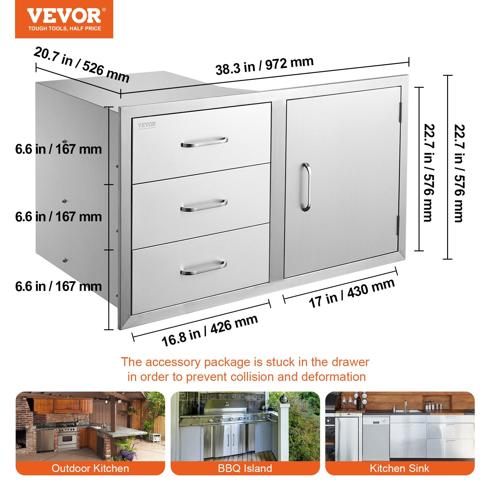 Outdoor Kitchen Door Drawer Combo 38.1''W x 22.6''H x 20.8''D, BBQ Access Door/Triple Drawers Combo with Stainless Steel Handles, Perfect for BBQ Island Patio Grill Station - Backyard Livings