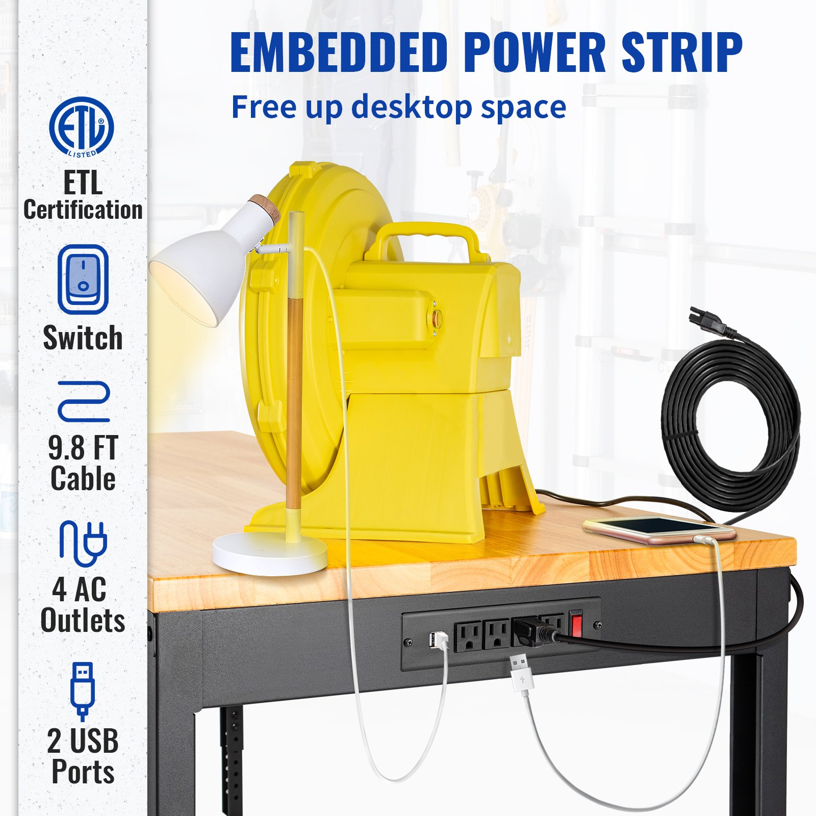 Workbench Adjustable Height, 48" L X 20" W X 38.1" H Garage Table w/ 28.3" - 38.1" Heights & 2000 LBS Load Capacity, with Power Outlets & Hardwood Top & Metal Frame & Foot Pads, for Office Home - Backyard Livings