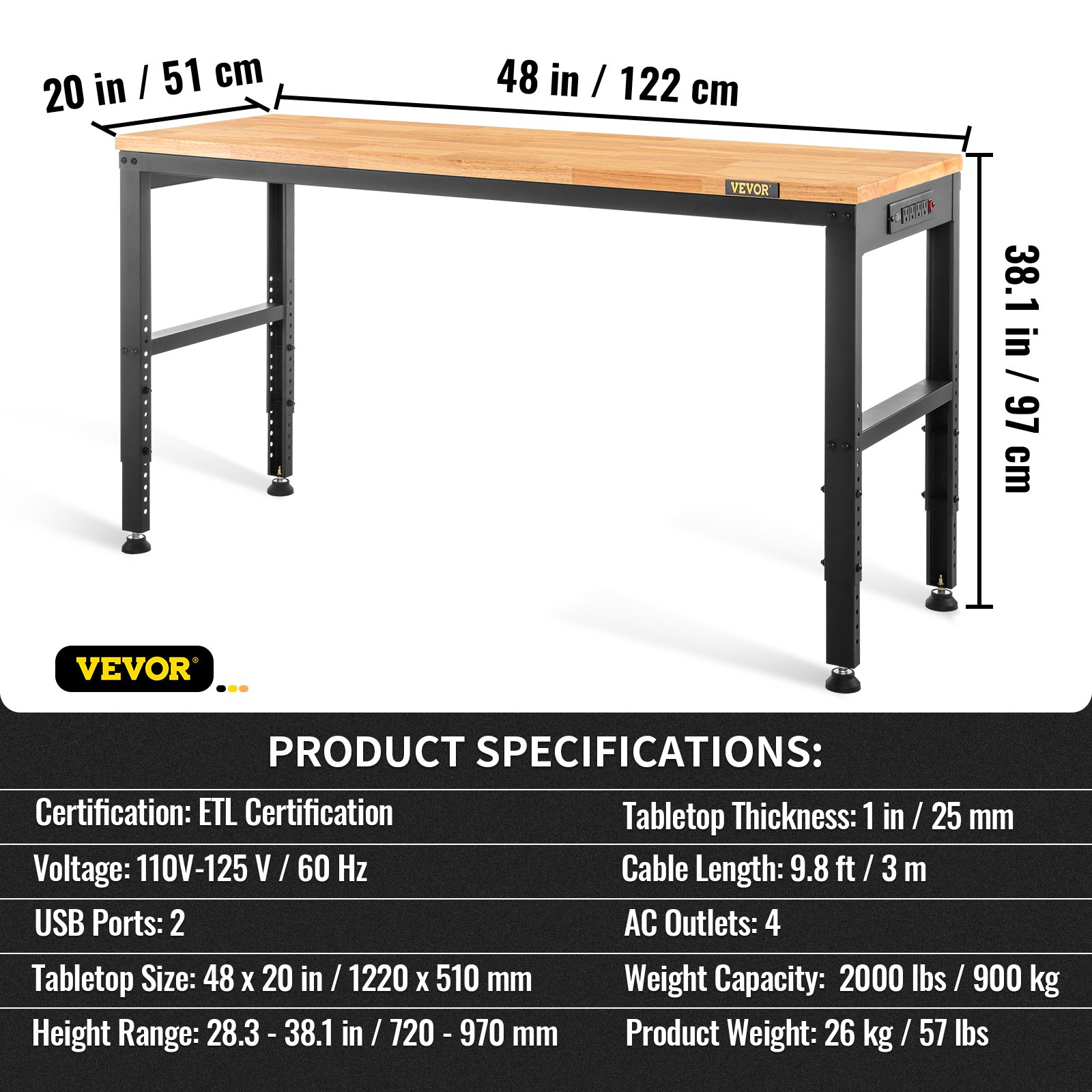 Workbench Adjustable Height, 48" L X 20" W X 38.1" H Garage Table w/ 28.3" - 38.1" Heights & 2000 LBS Load Capacity, with Power Outlets & Hardwood Top & Metal Frame & Foot Pads, for Office Home - Backyard Livings