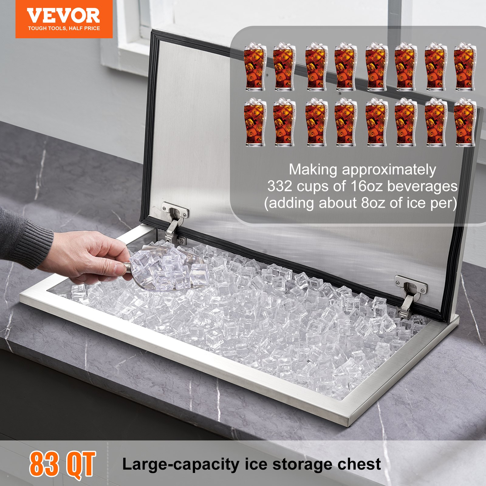 Drop in Ice Chest, 24"L x 20"W x 15"H Stainless Steel Ice Cooler, Commercial Ice Bin with Hinged Cover, 40 qt Outdoor Kitchen Ice Bar, Drain-pipe and Drain Plug Included, for Cold Wine Beer - Backyard Livings